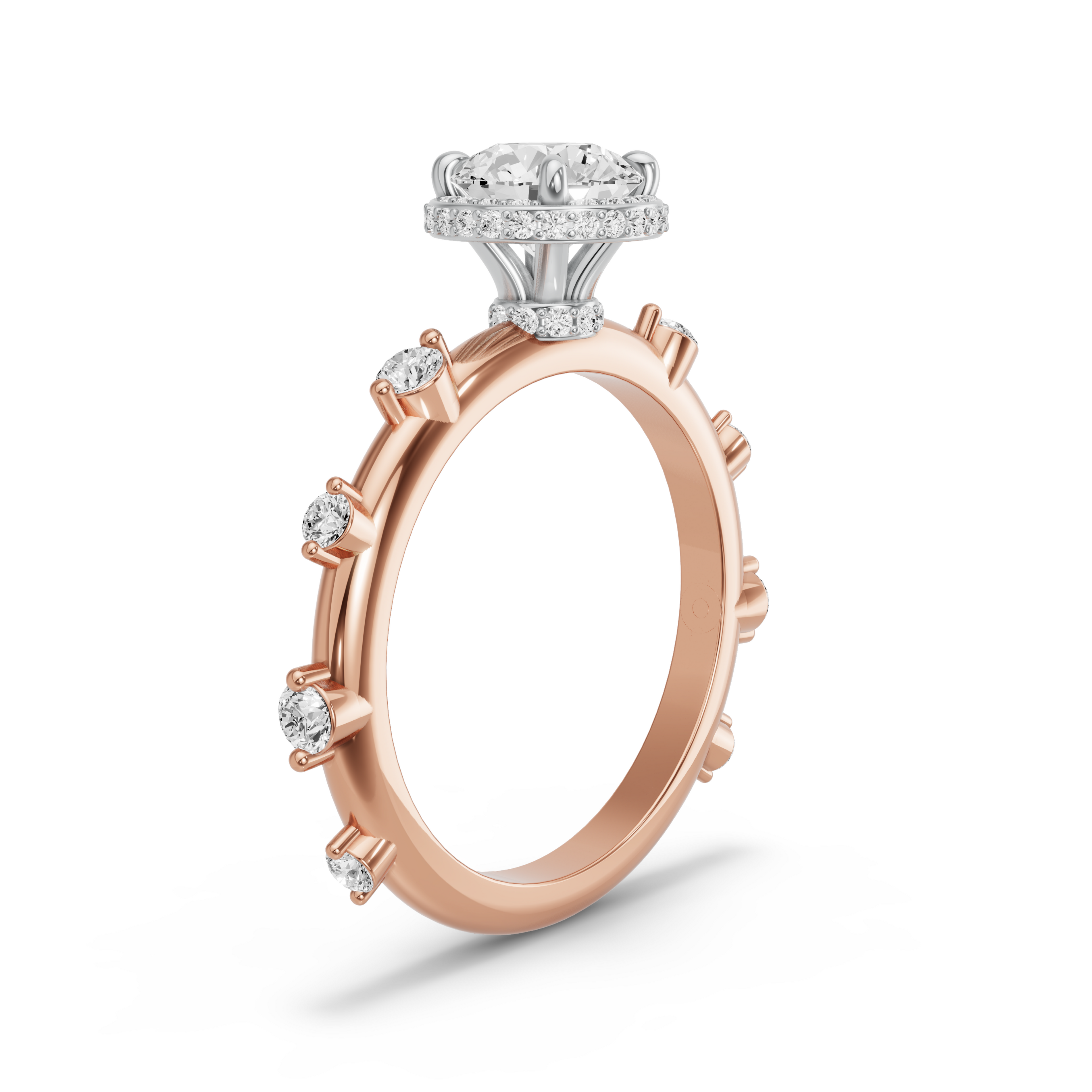 Image for Round Dual Halo Ring with Floating Station band in 18K Two Tone Rose Gold