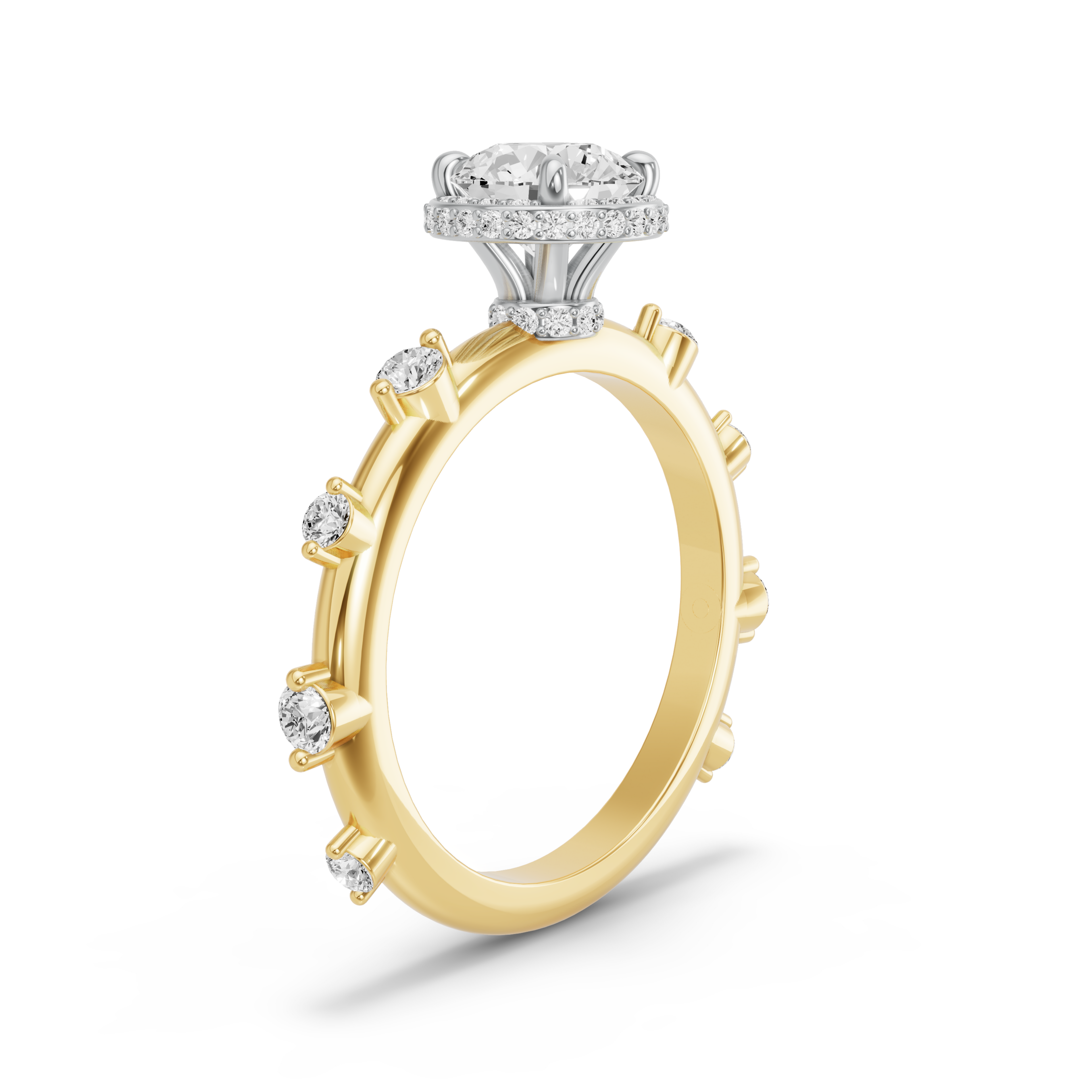 Image for Round Dual Halo Ring with Floating Station band in 10K Two Tone Yellow Gold