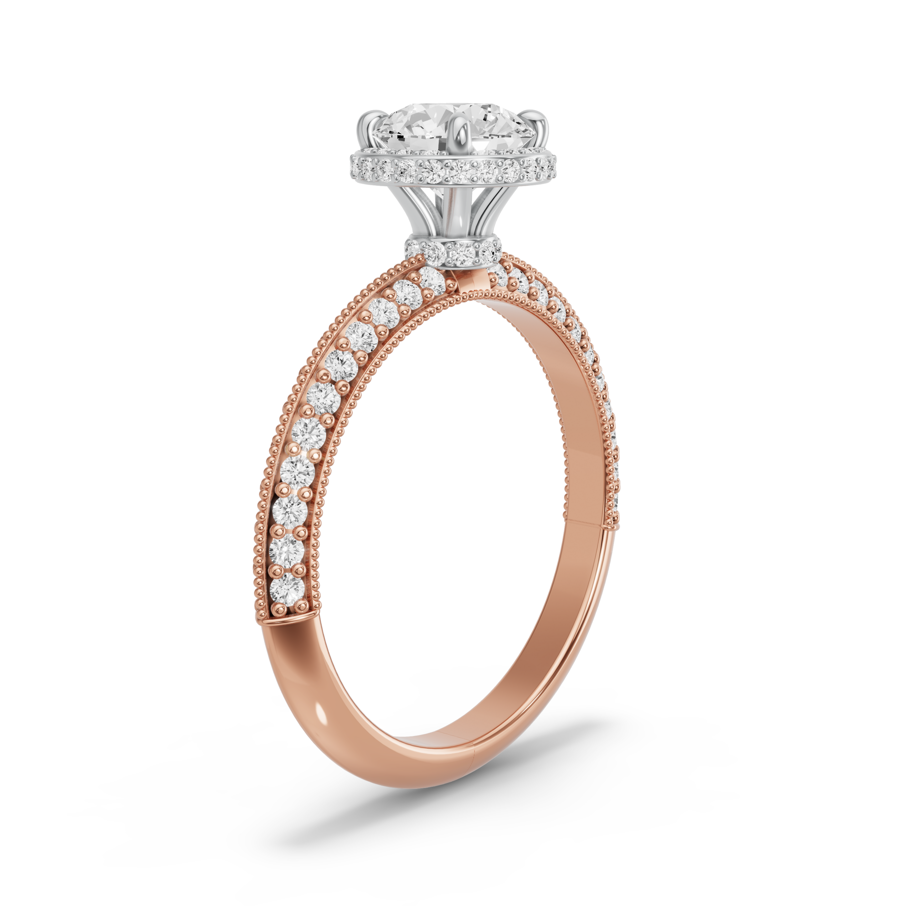 Image for Round Dual Halo Ring with Knife Edge Pave band in 10K Two Tone Rose Gold