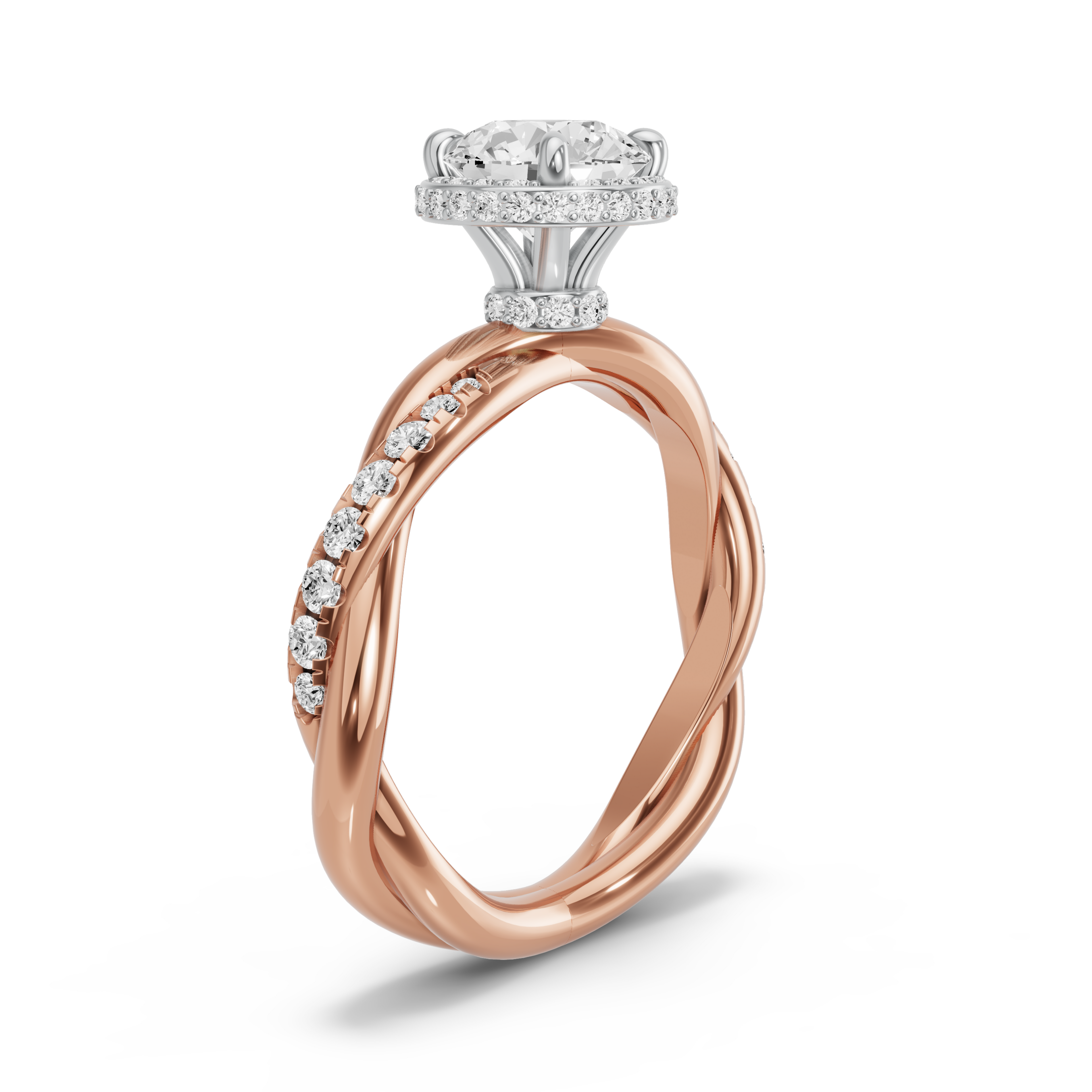 Image for Round Dual Halo Ring with Rope Pave band in 10K Two Tone Rose Gold