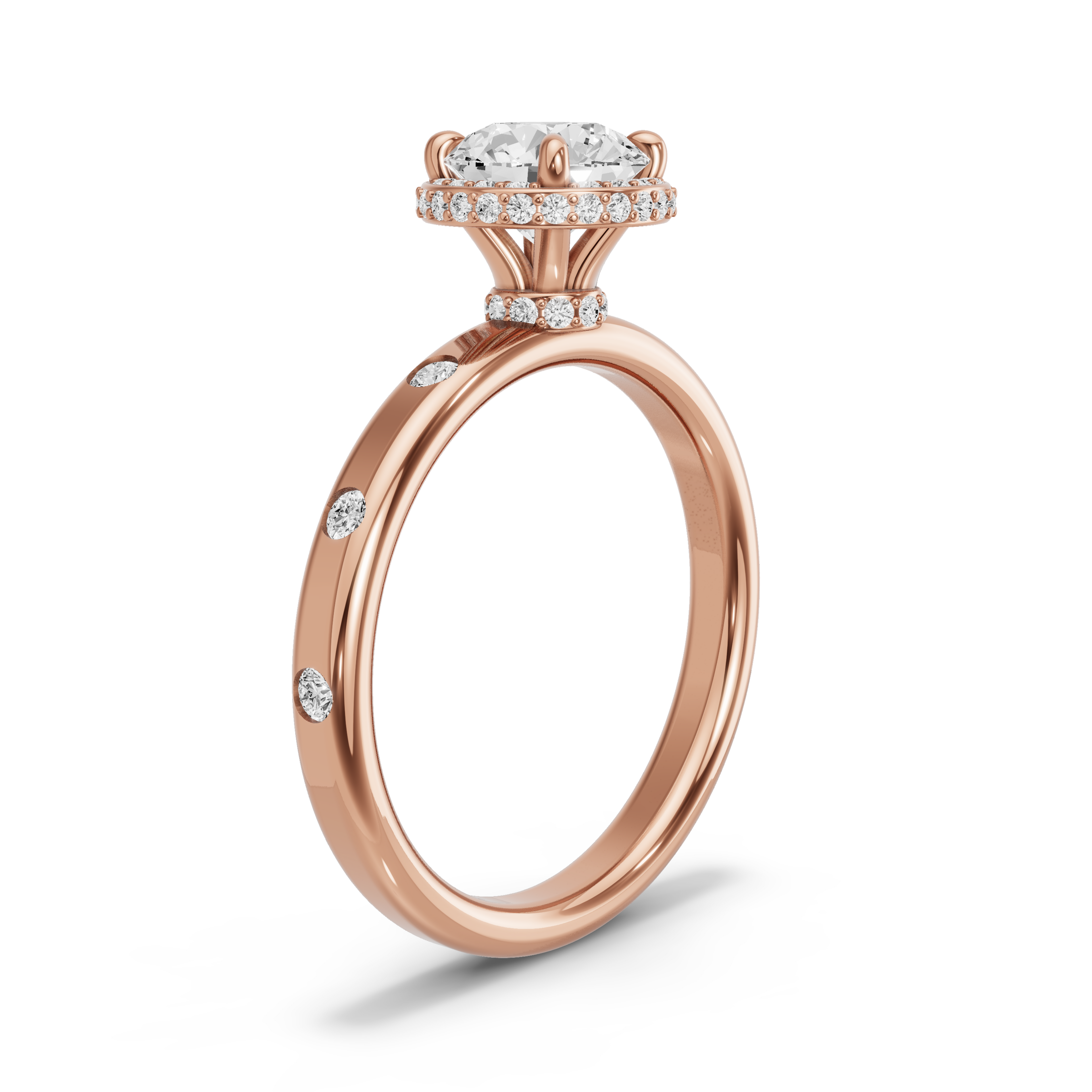 Image for Round Dual Halo Ring with Sleek Accent band in 10K Rose Gold