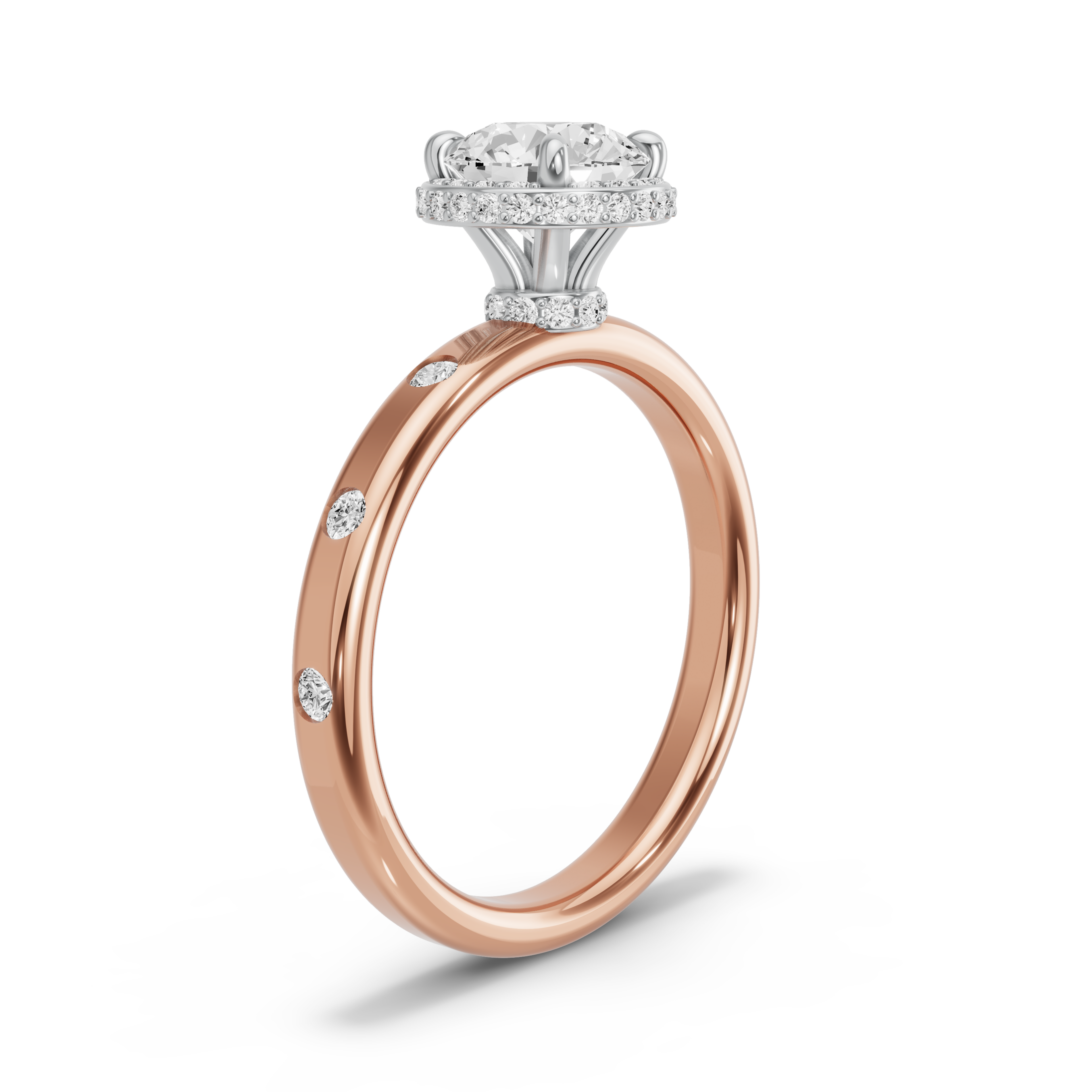 Image for Round Dual Halo Ring with Sleek Accent band in 10K Two Tone Rose Gold
