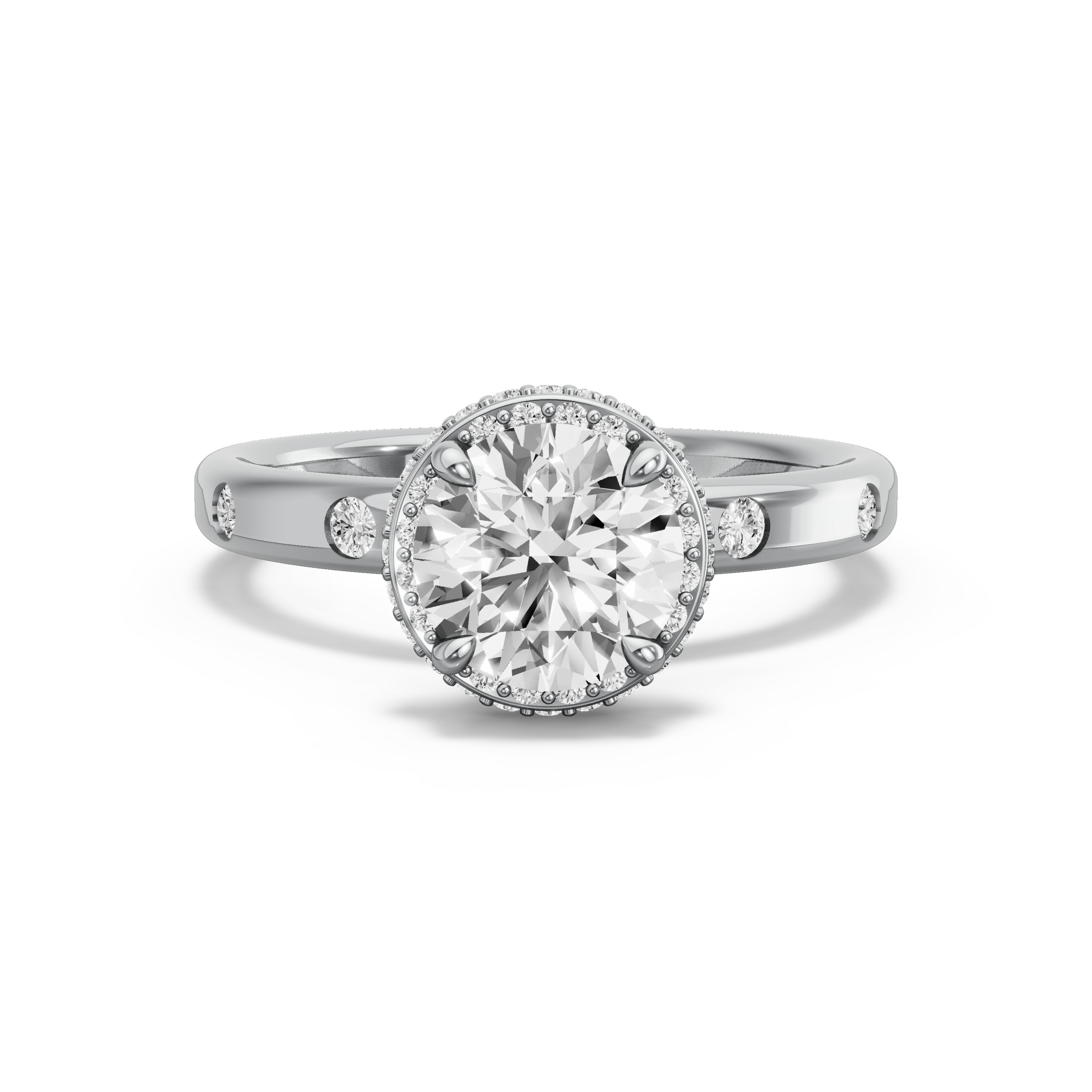 Image for Round Dual Halo Ring with Sleek Accent band in 10K White Gold