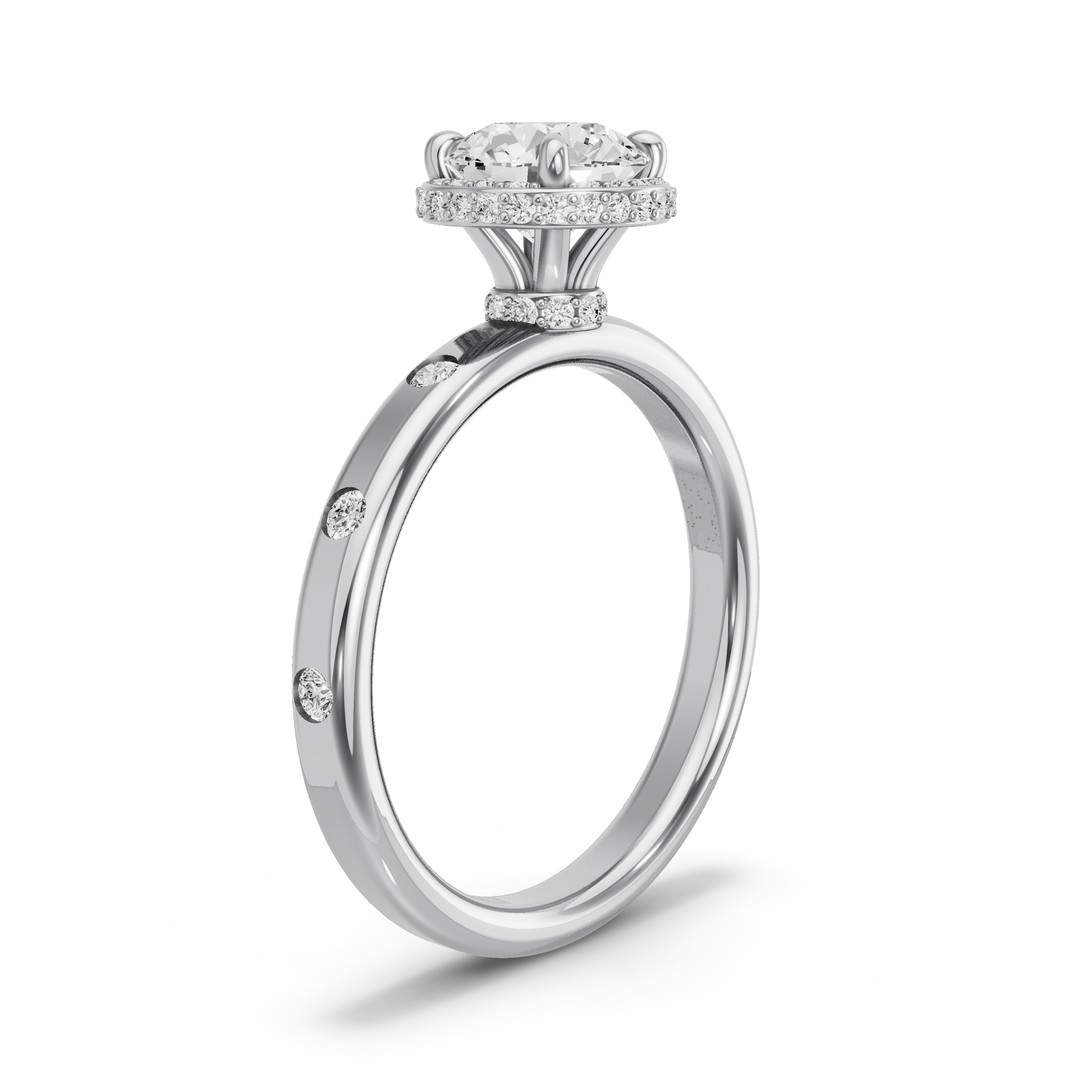 Image for Round Dual Halo Ring with Sleek Accent band in 14K White Gold