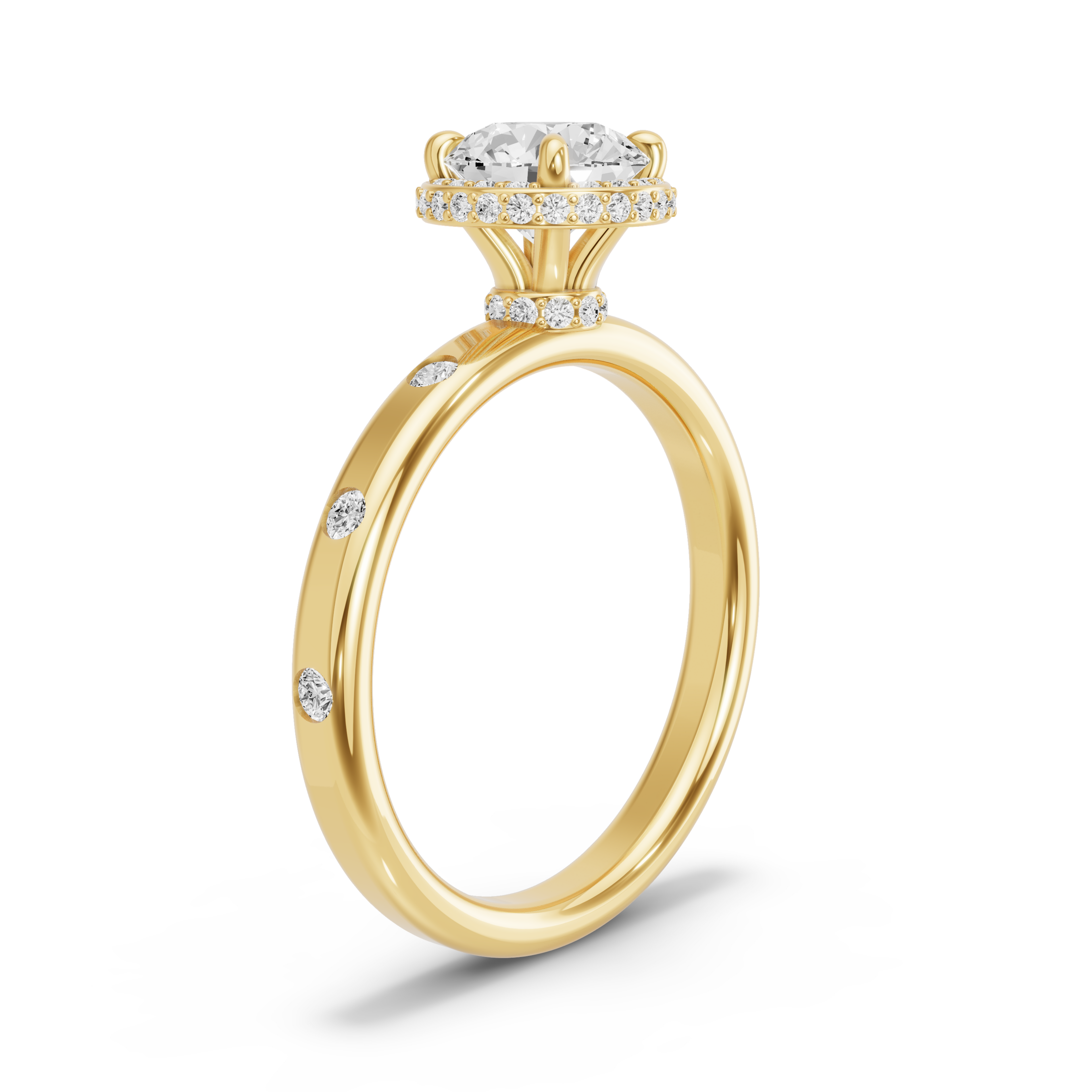 Image for Round Dual Halo Ring with Sleek Accent band in 18K Yellow Gold