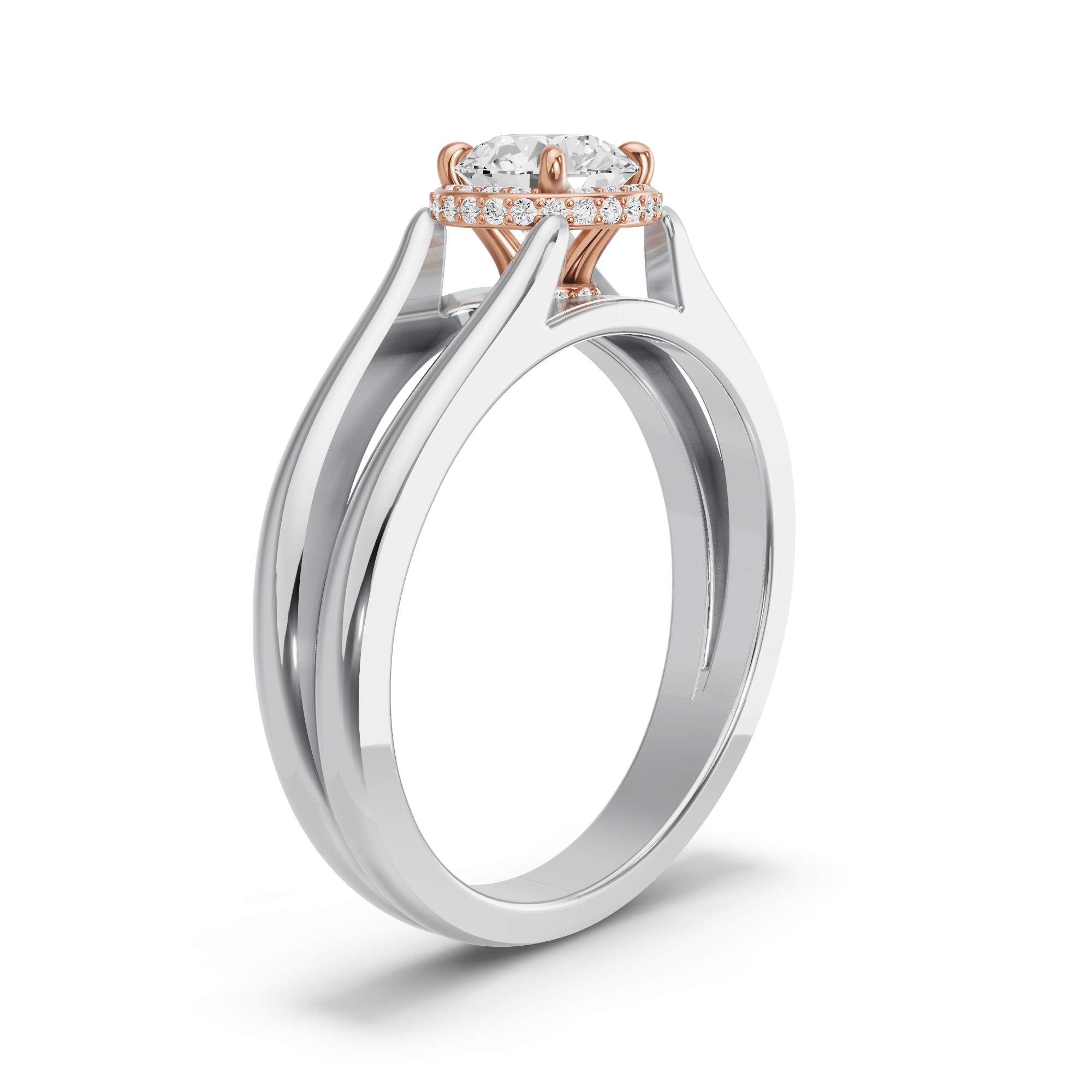 Image for Round Dual Halo Ring with Split Ring Solitaire band in 14K Two Tone Rose Gold