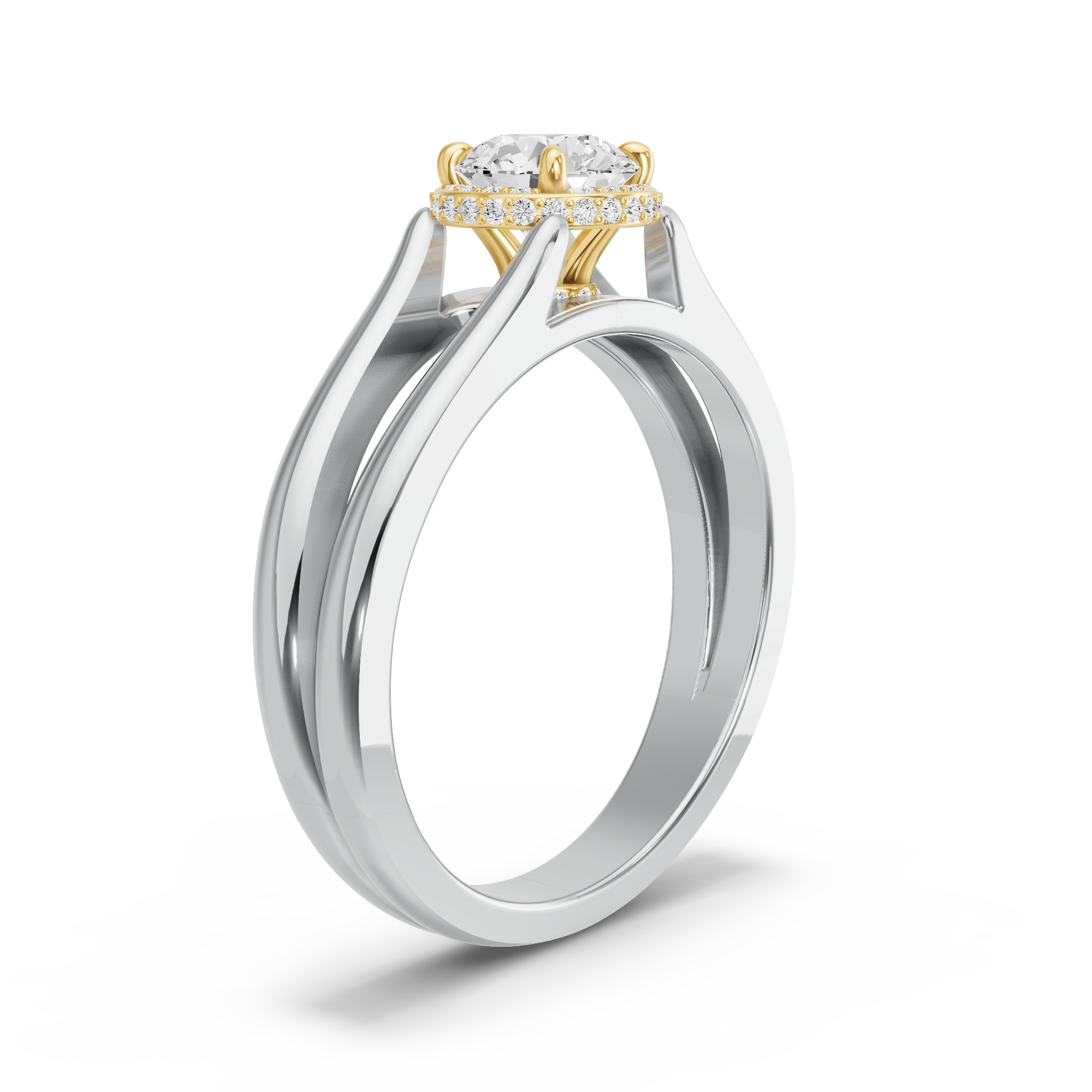 Image for Round Dual Halo Ring with Split Ring Solitaire band in 18K Two Tone Yellow Gold
