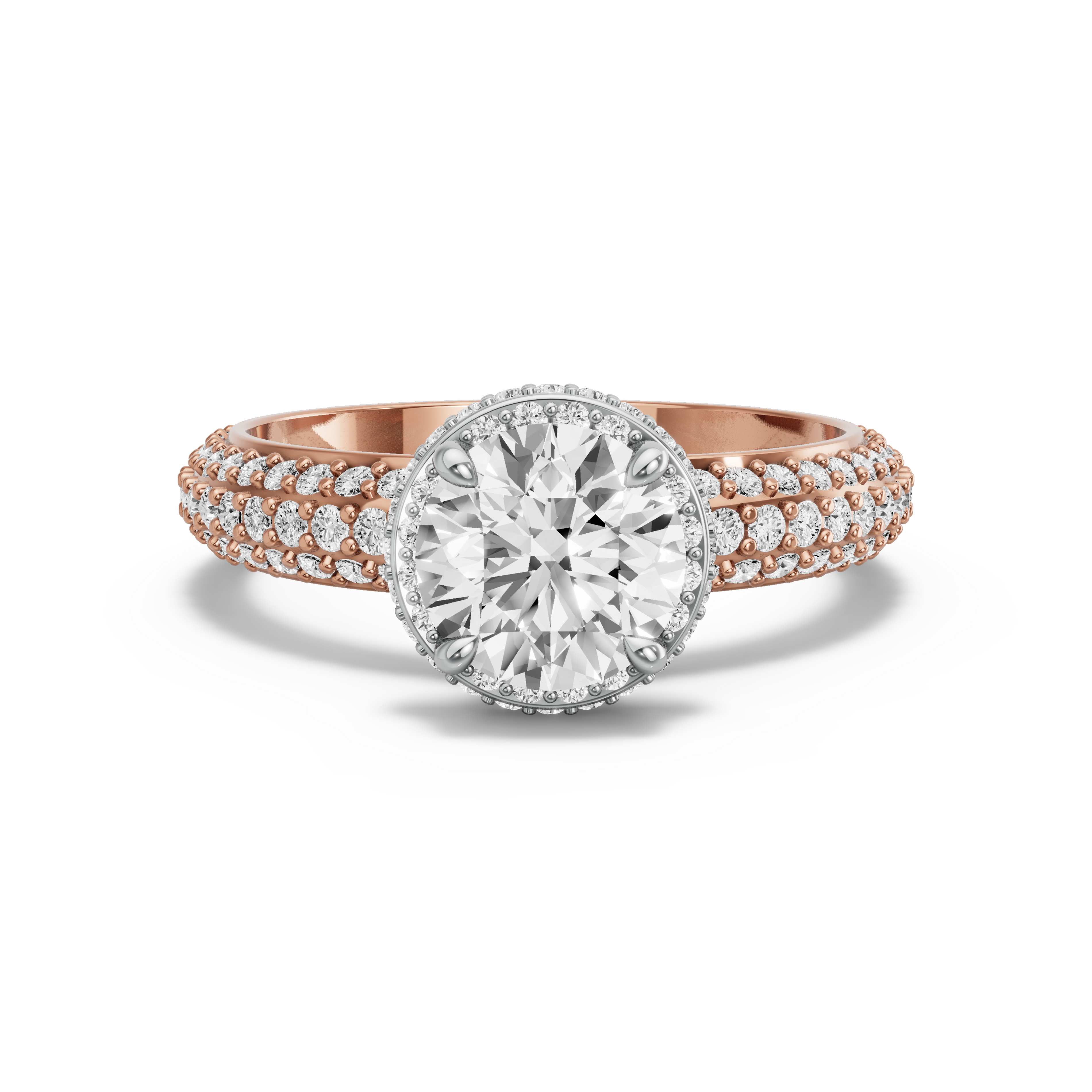 Image for Round Dual Halo Ring with Triple Row Pave band in 18K Two Tone Rose Gold