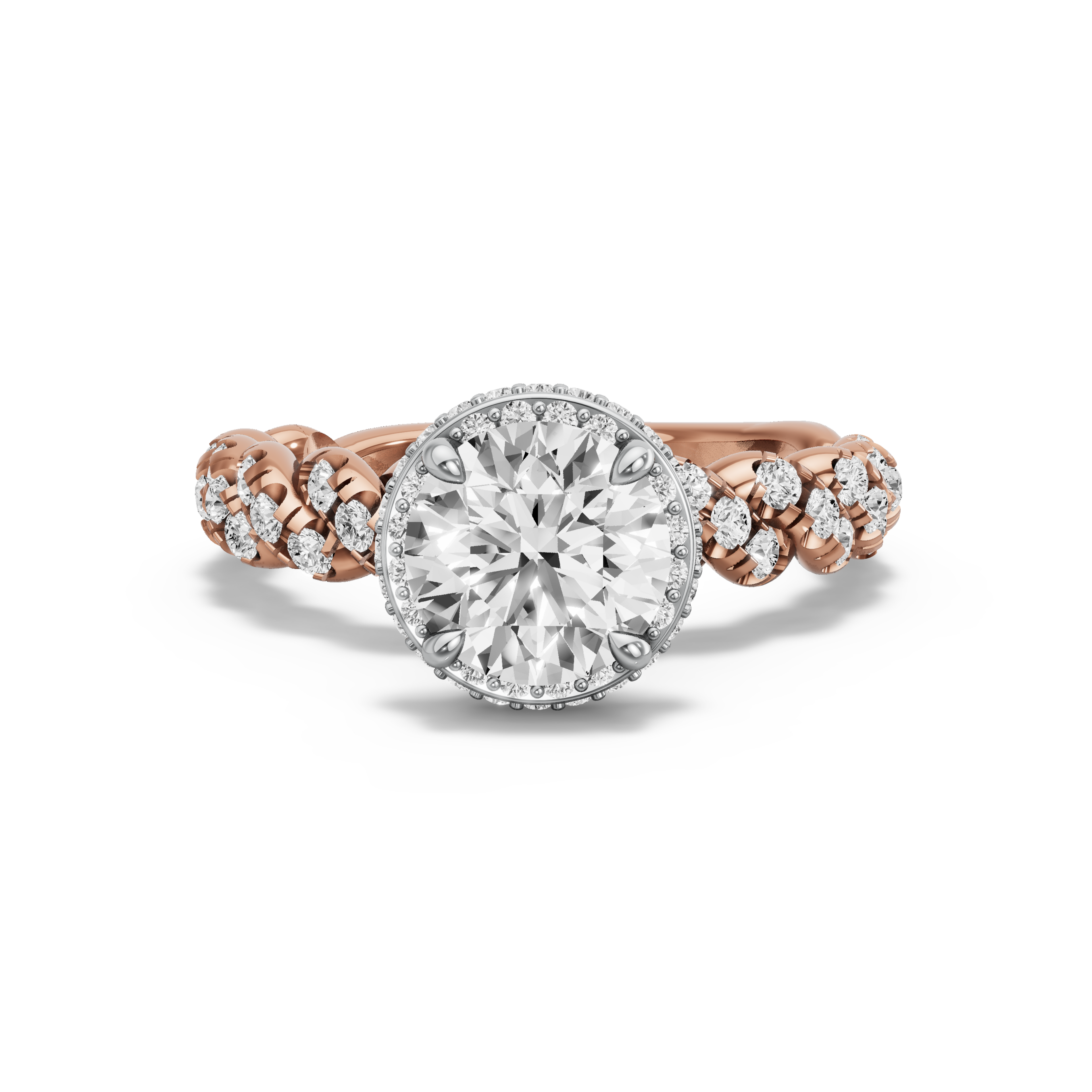 Image for Round Dual Halo Ring with Twist Pave band in 14K Two Tone Rose Gold