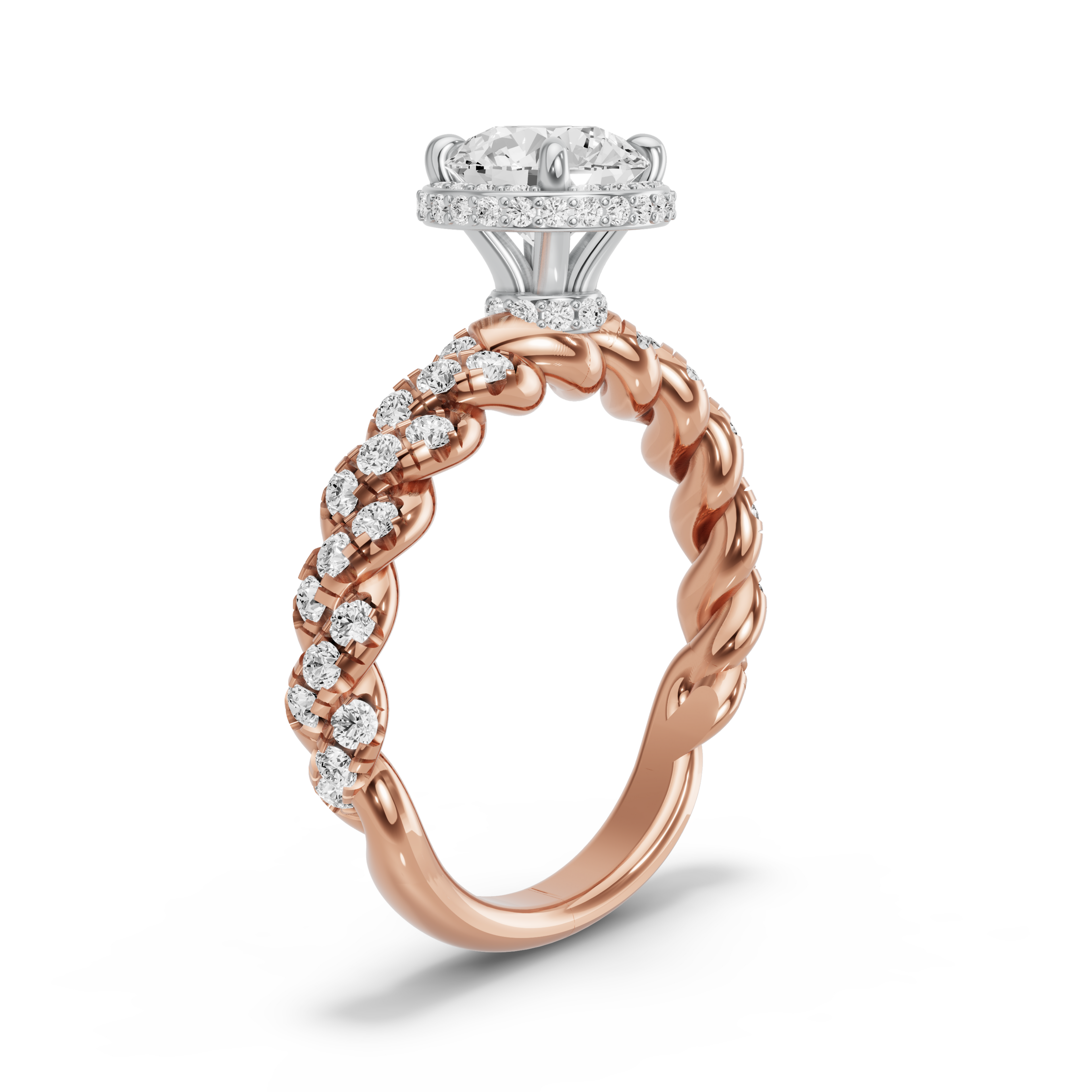 Image for Round Dual Halo Ring with Twist Pave band in 14K Two Tone Rose Gold