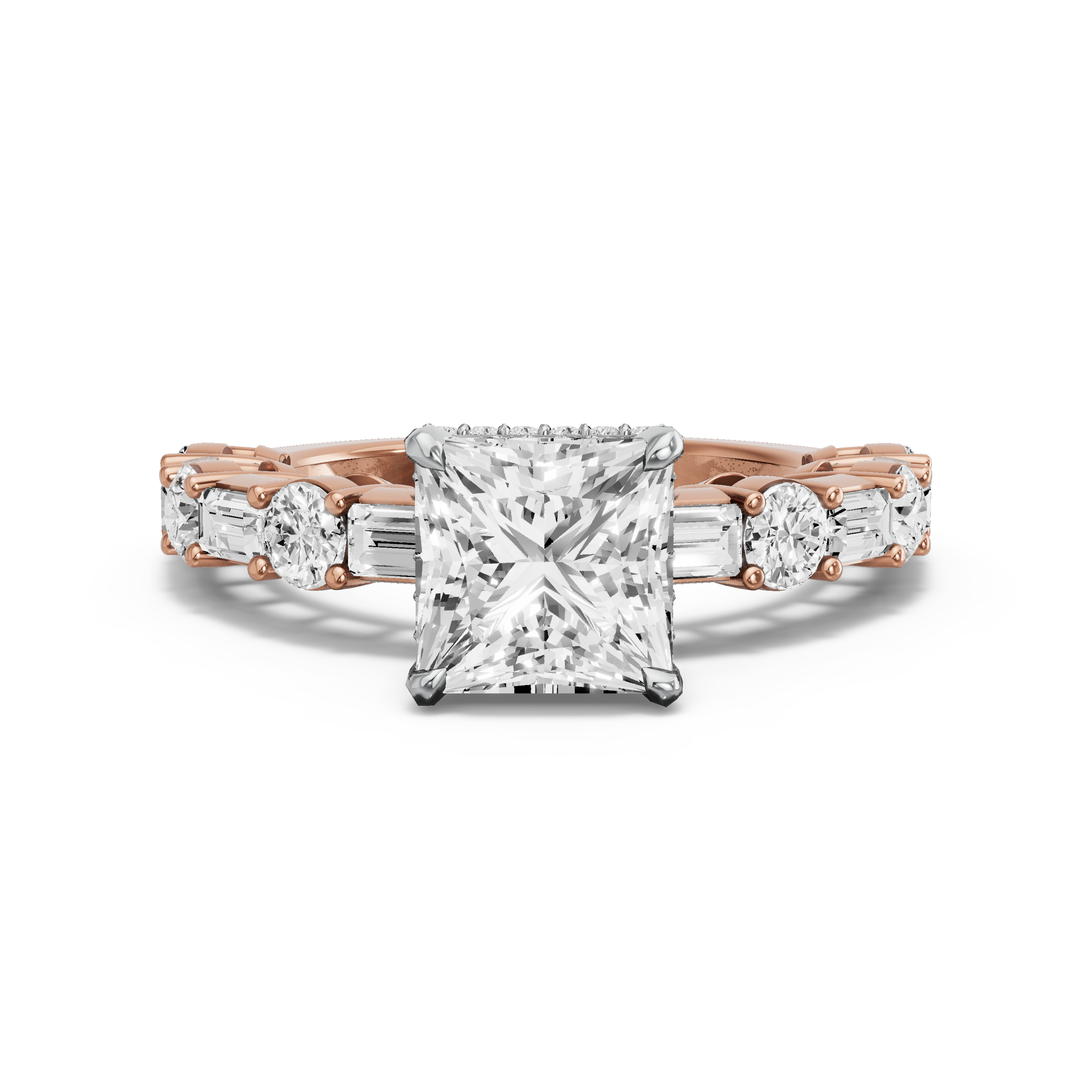 Image for Princess Dual Halo Ring with Alternating Baguette band in 18K Two Tone Yellow Gold