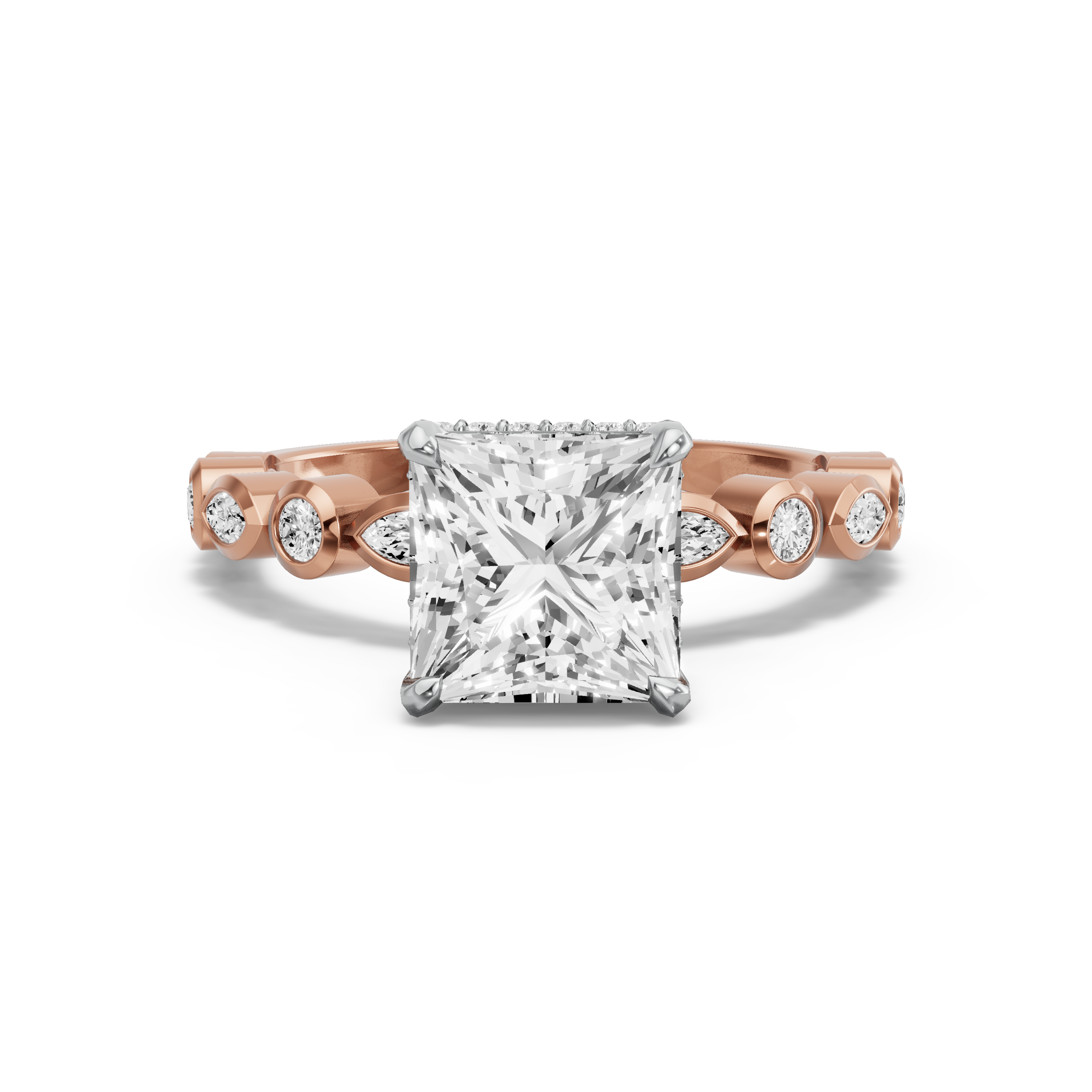 Image for Princess Dual Halo Ring with Alternating Marquise band in 18K Two Tone Yellow Gold
