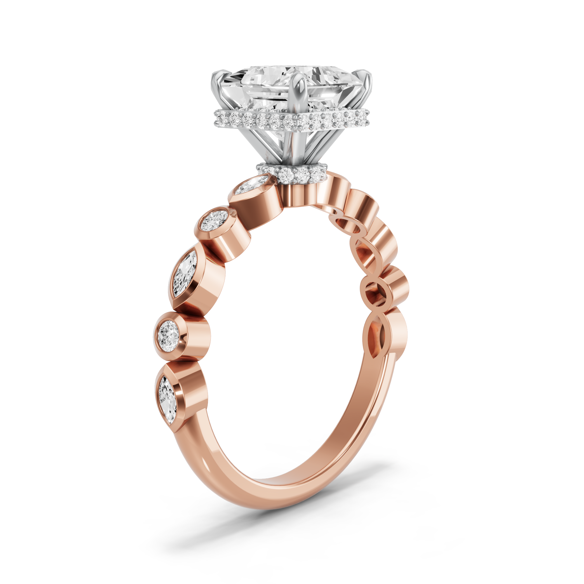 Image for Princess Dual Halo Ring with Alternating Marquise band in 14K Two Tone Yellow Gold