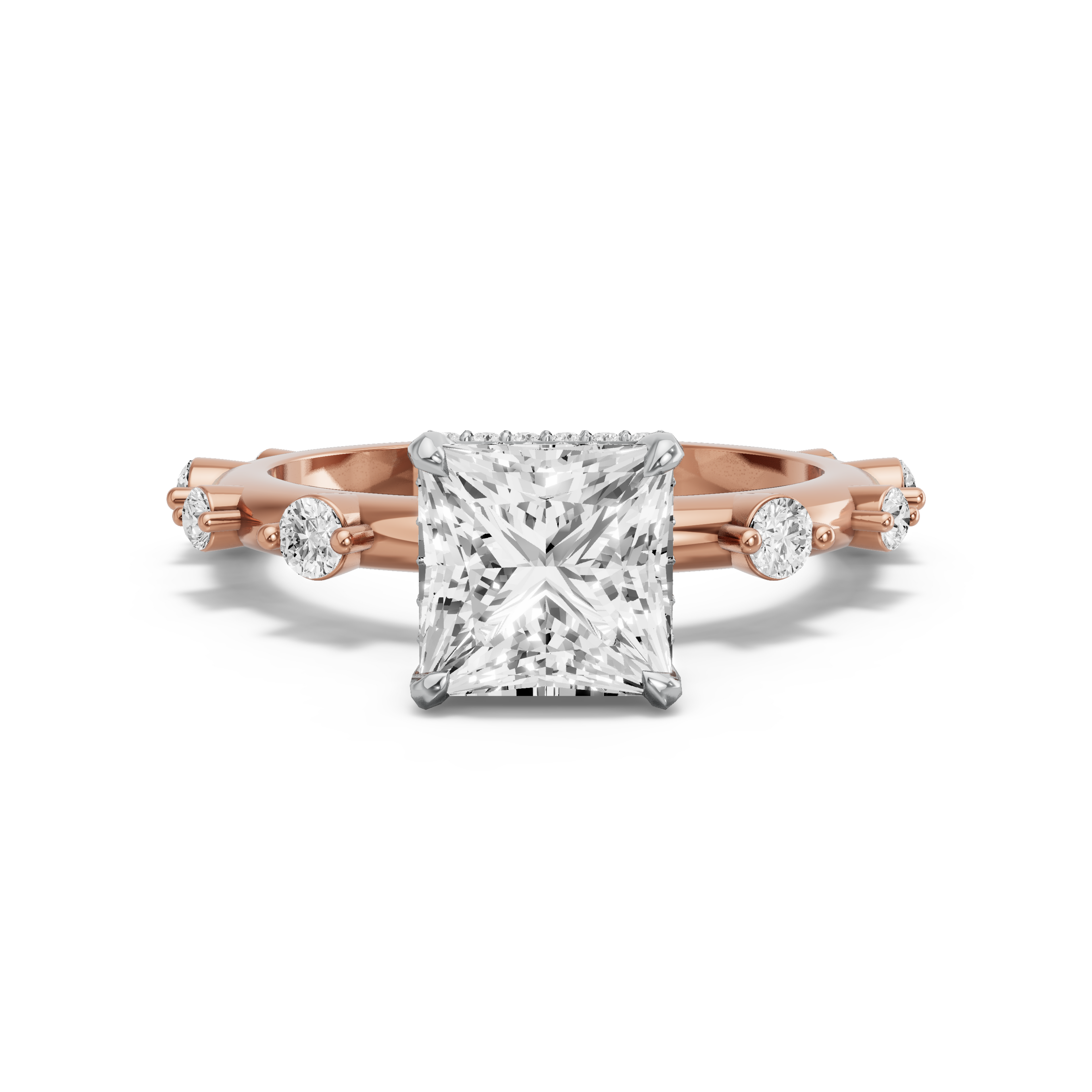 Image for Princess Dual Halo Ring with Floating Station band in 18K Two Tone Rose Gold