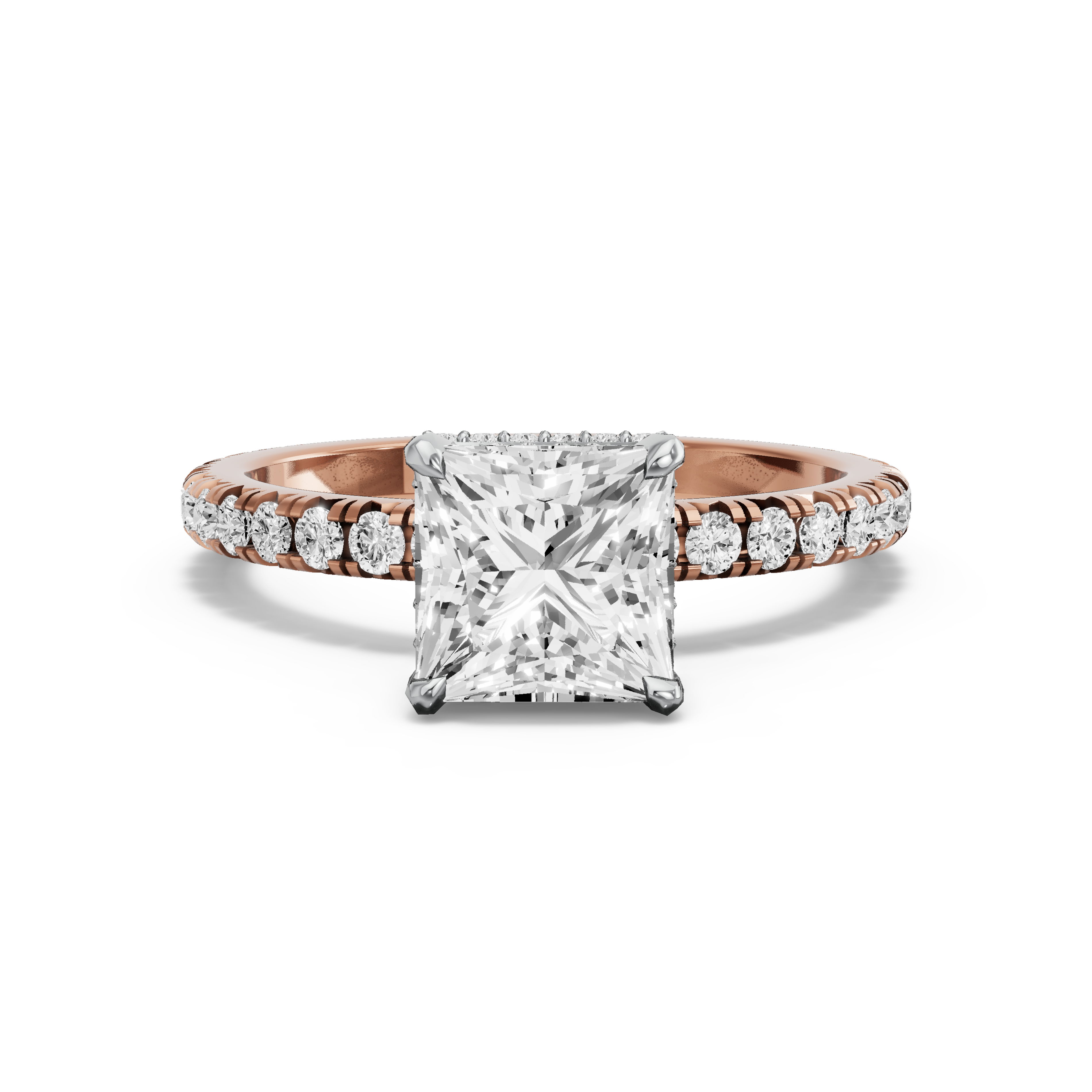 Image for Princess Dual Halo Ring with French Pave band in 14K Two Tone Yellow Gold