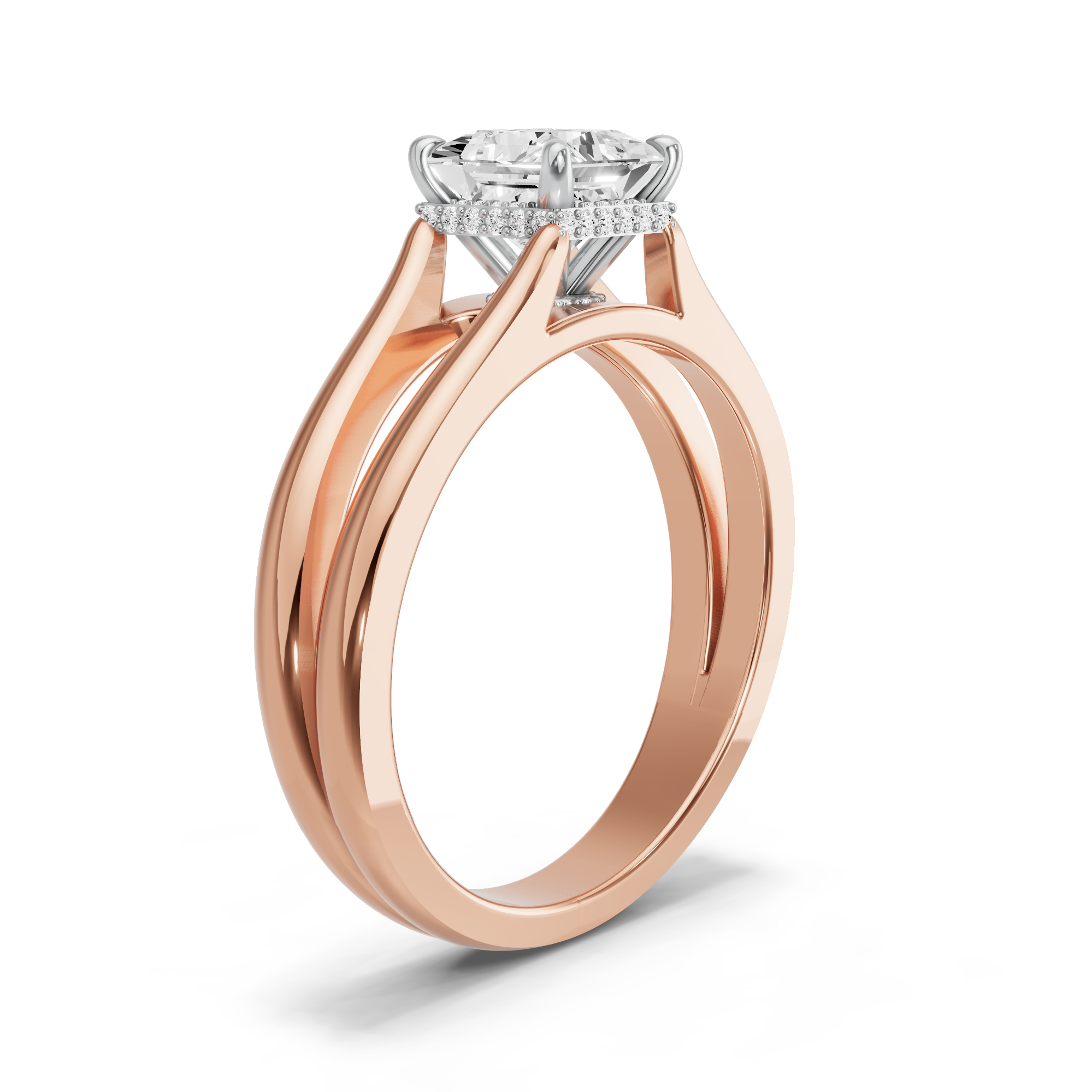 Image for Princess Dual Halo Ring with Split Ring Solitaire band in 10K Two Tone Yellow Gold