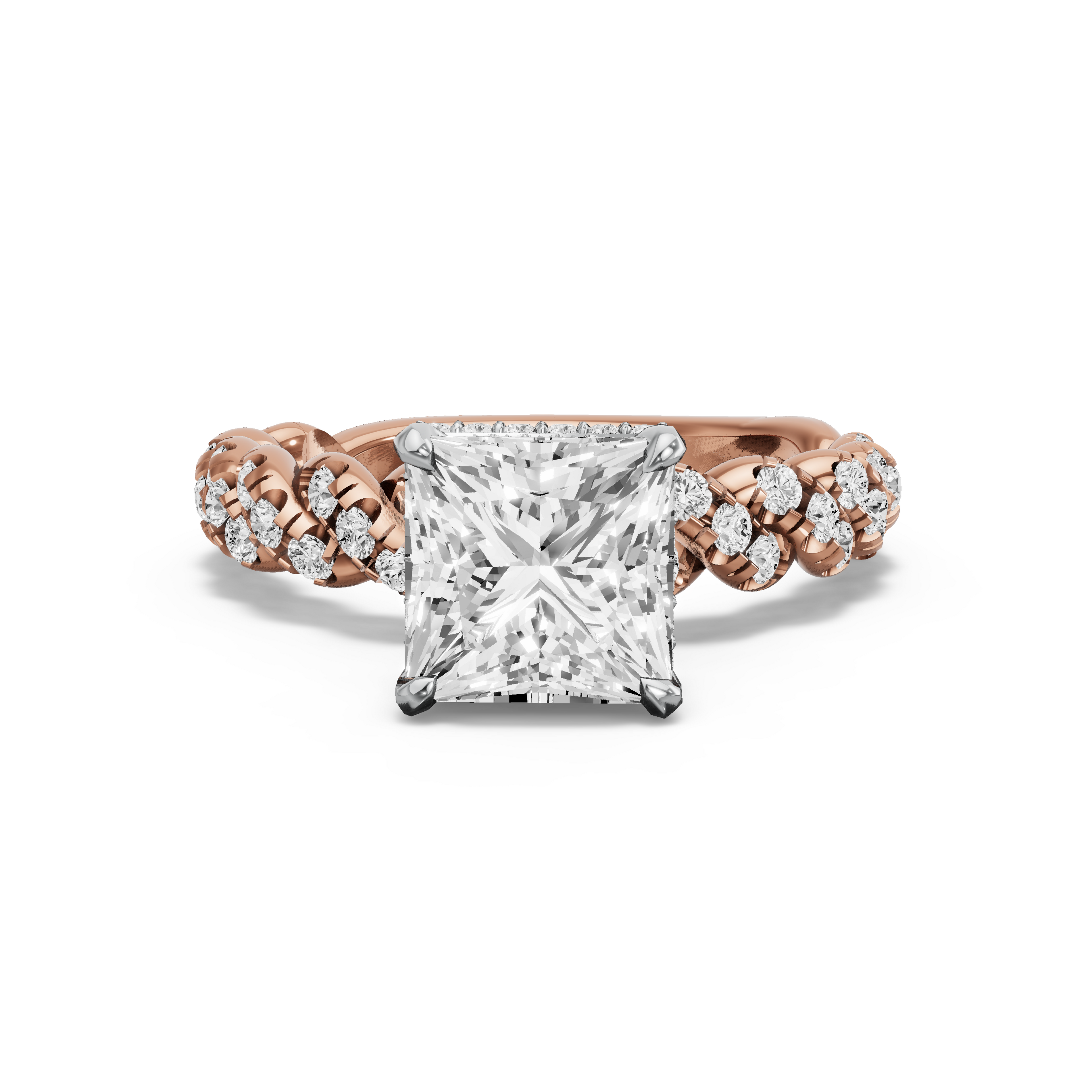 Image for Princess Dual Halo Ring with Twist Pave band in 10K Two Tone Yellow Gold