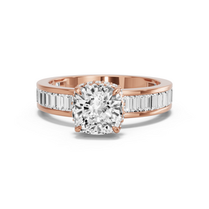 Image for Square Cushion Dual Halo Ring with Baguette Channel band