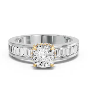 Image for Square Cushion Dual Halo Ring with Baguette Channel band