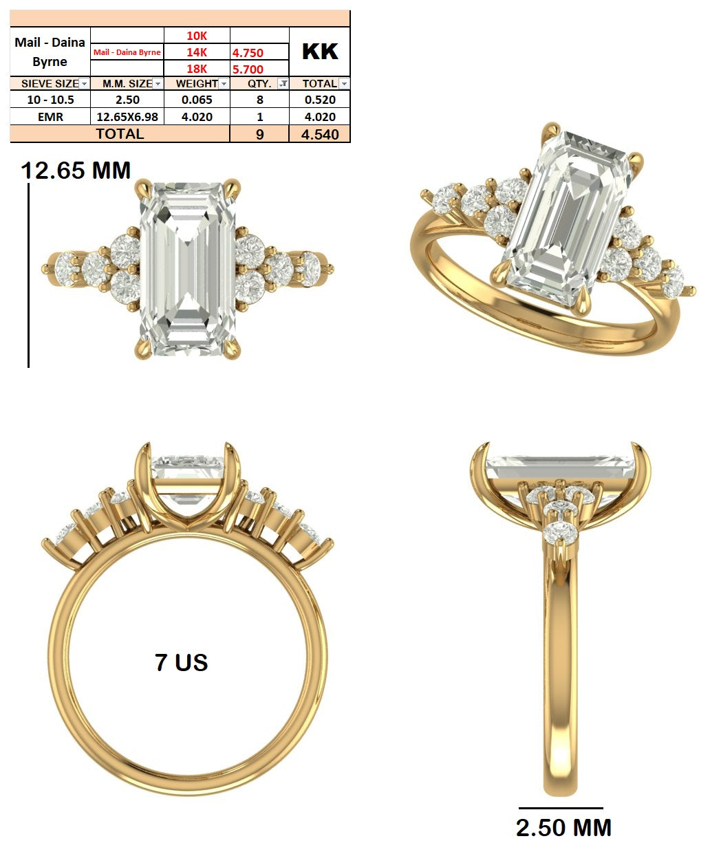 Custom order - Daina Byrne | 4.02 Emerald center and side stones|10K Yellow gold| Ring size 7 US F/VVS2