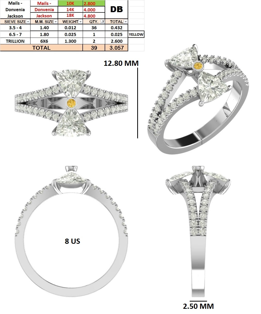 Custom Order -  Donvenia Jackson | 3.06 tcw trillions | F-G/ VS1 | 14k White Gold | Ring size - 8