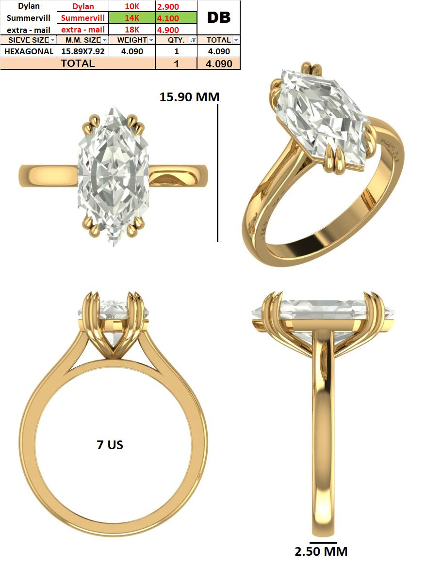 Custom order -  Dylan Summervill 4.09CT Hexagon |  14K Yellow Gold | Color/Clarity: F / VVS | Ring Size: 7 US