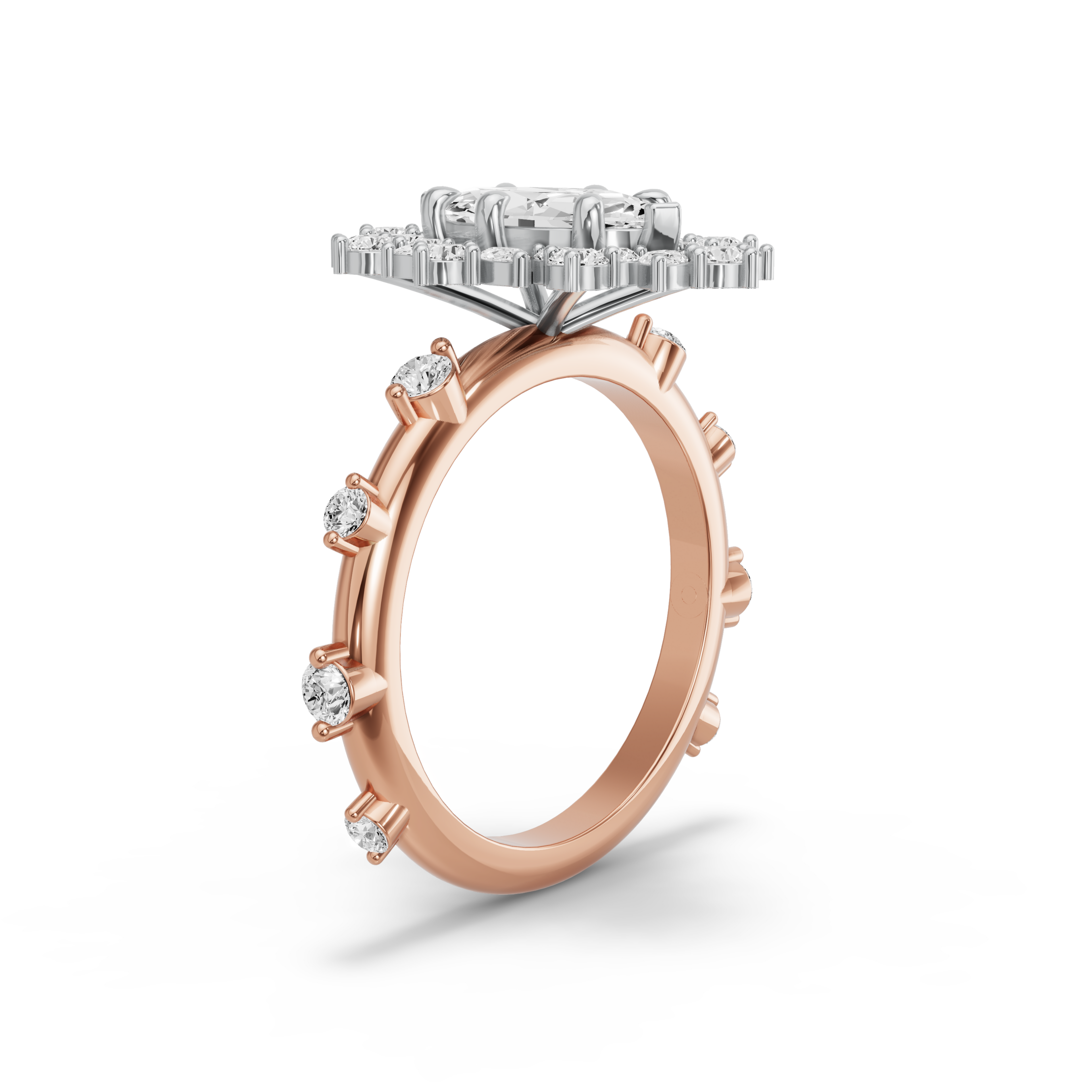 Image for Marquise Fancy Halo Ring with Floating Station band in 10K Two Tone Rose Gold