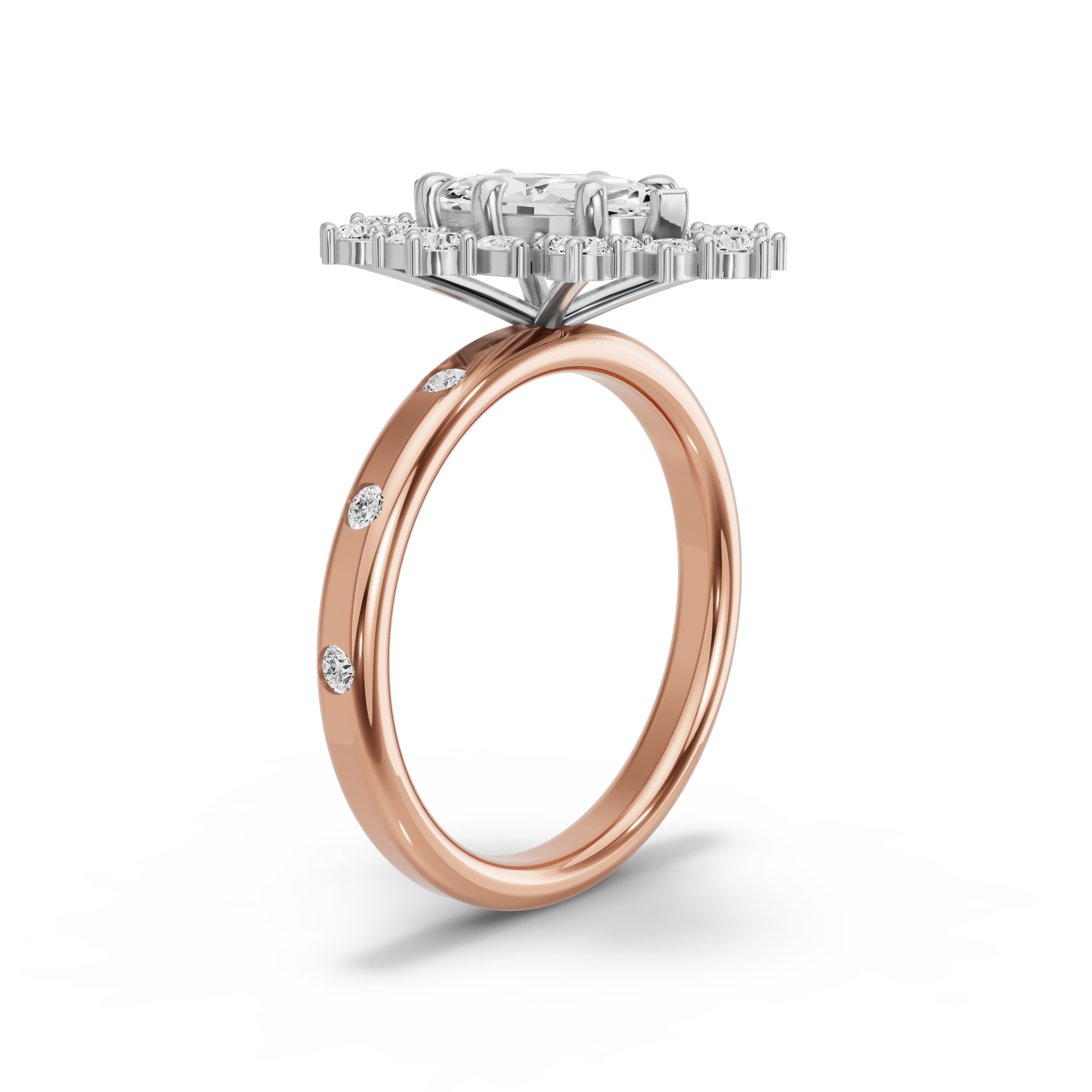 Image for Marquise Fancy Halo Ring with Sleek Accent band in 18K Two Tone Rose Gold