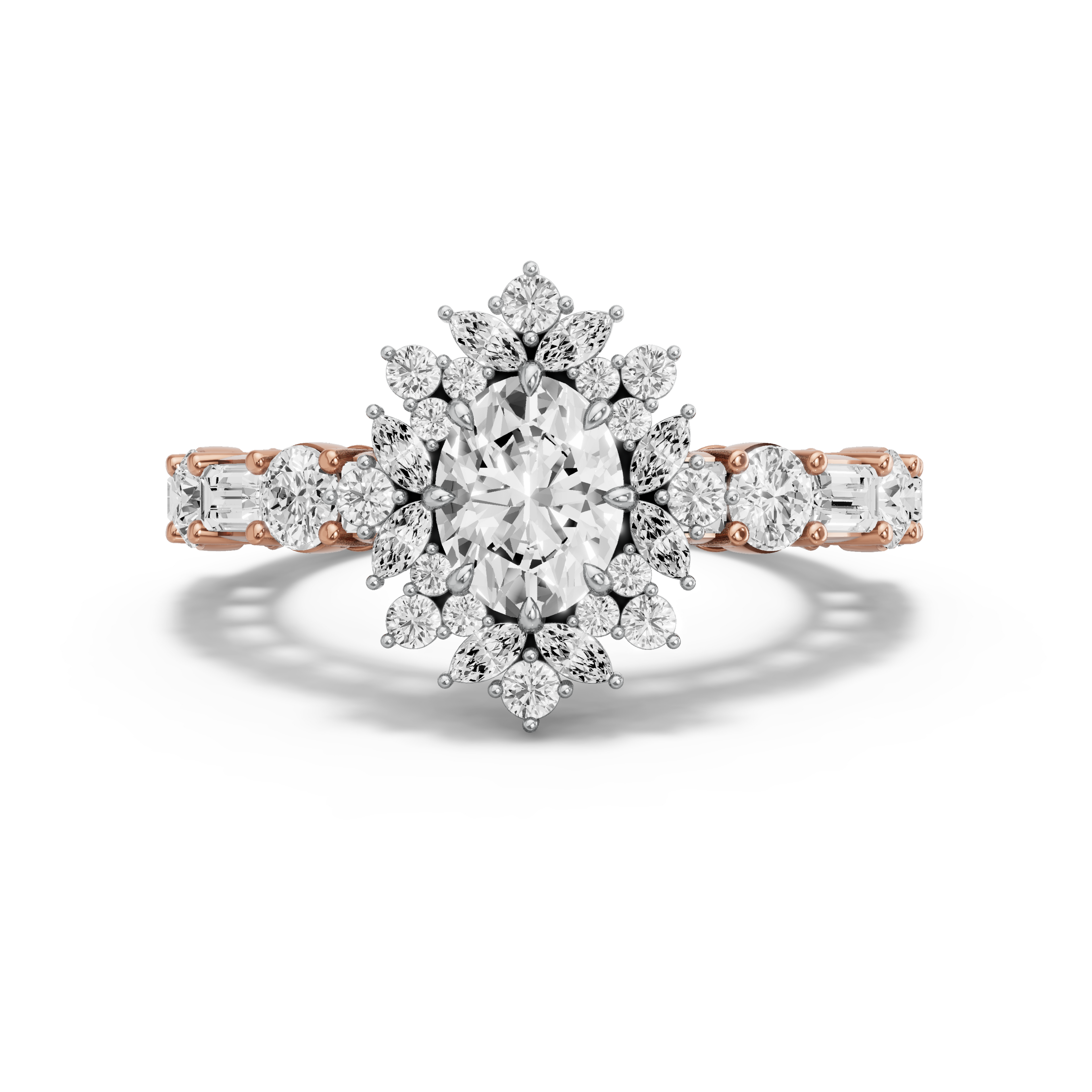 Image for Oval Fancy Halo Ring with Alternating Baguette band in 14K Two Tone Rose Gold