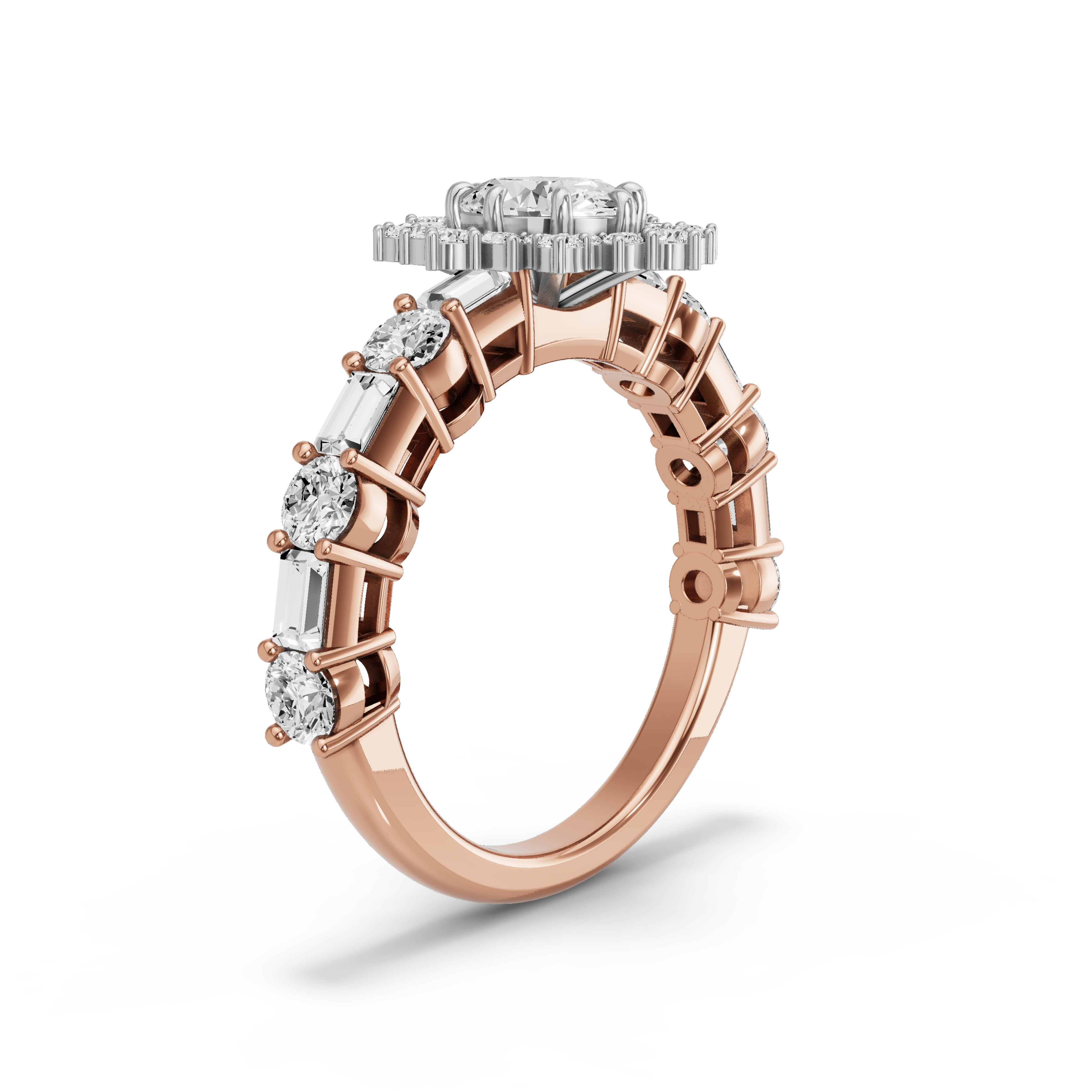 Image for Oval Fancy Halo Ring with Alternating Baguette band in 10K Two Tone Rose Gold