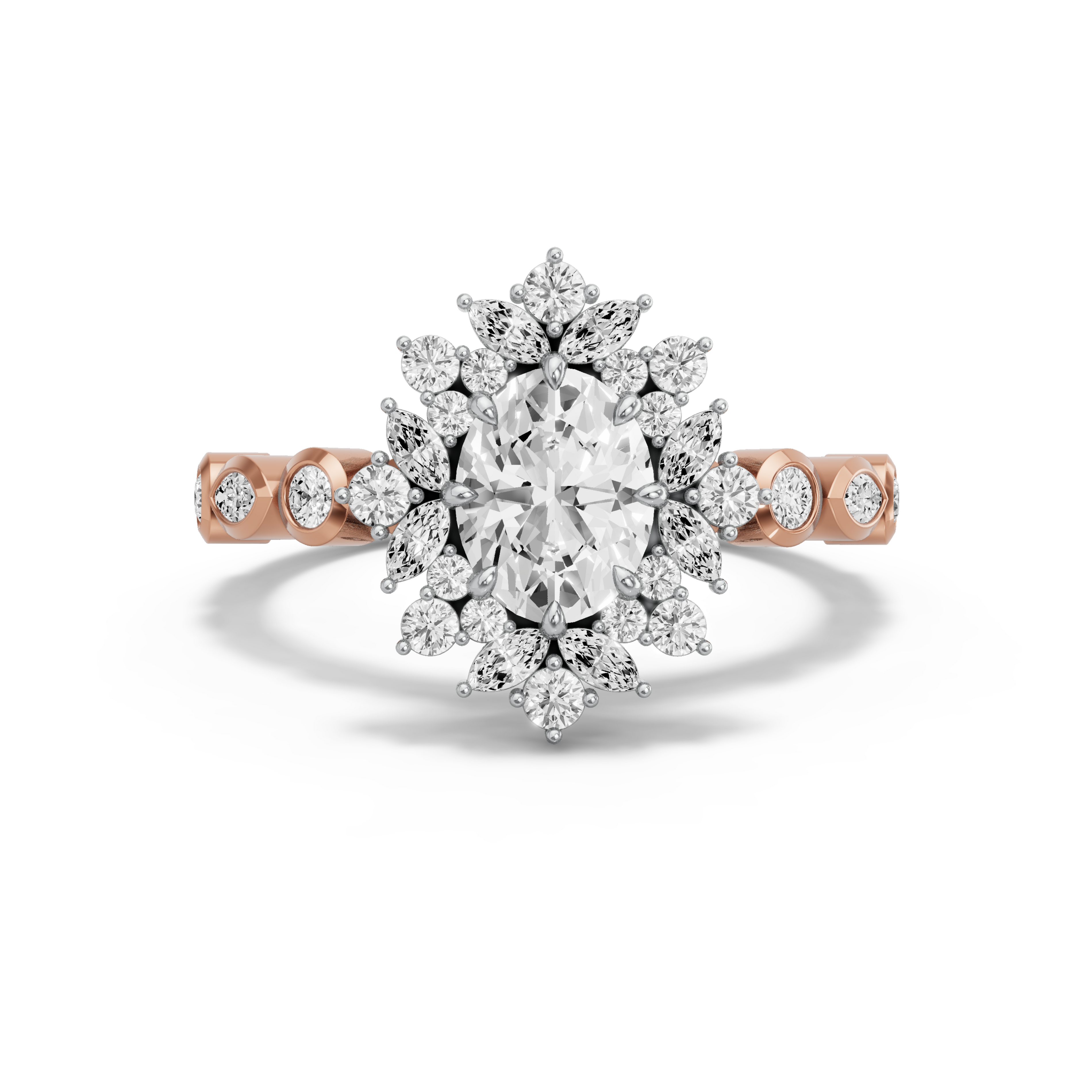 Image for Oval Fancy Halo Ring with Alternating Marquise band in 10K Two Tone Rose Gold
