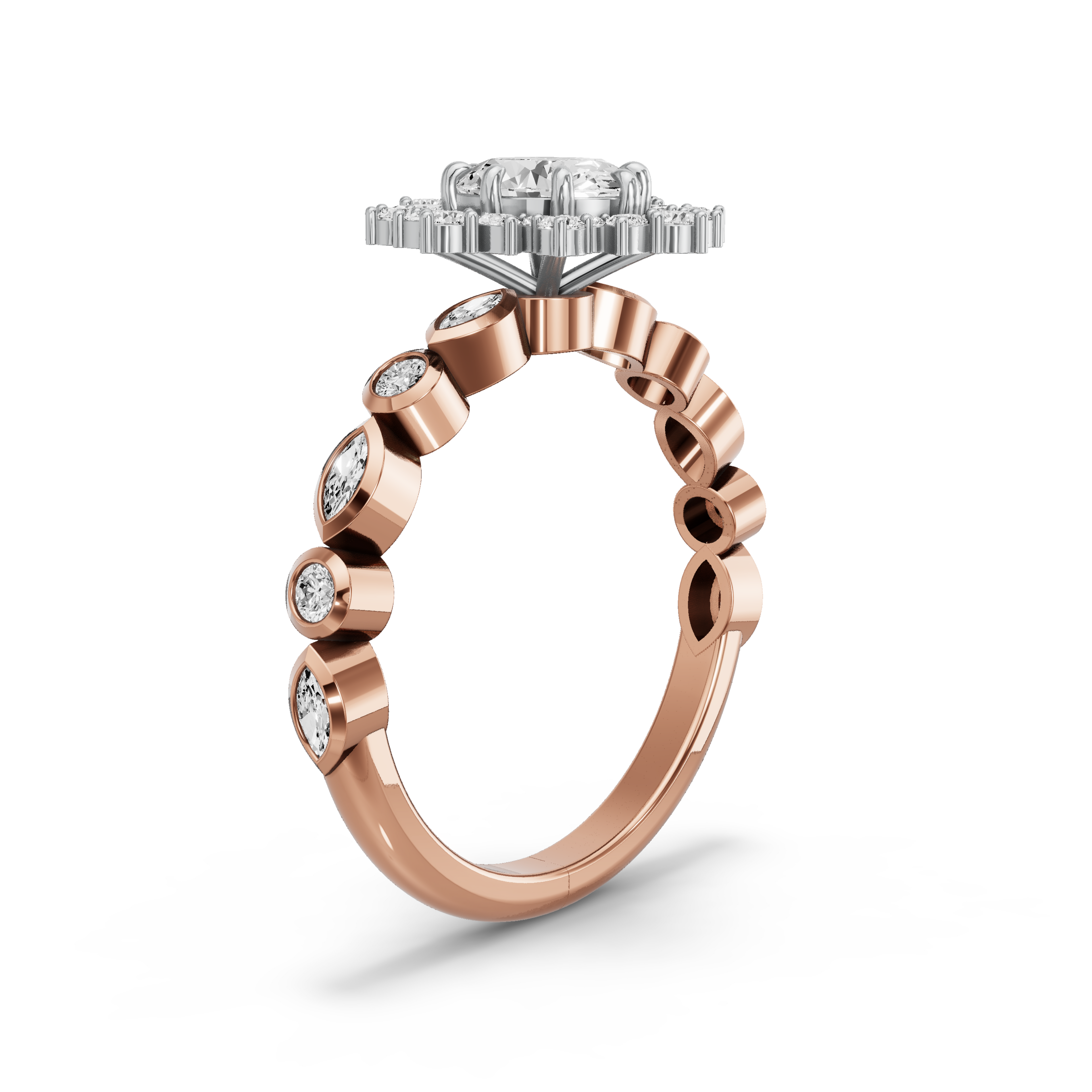 Image for Oval Fancy Halo Ring with Alternating Marquise band in 14K Two Tone Rose Gold
