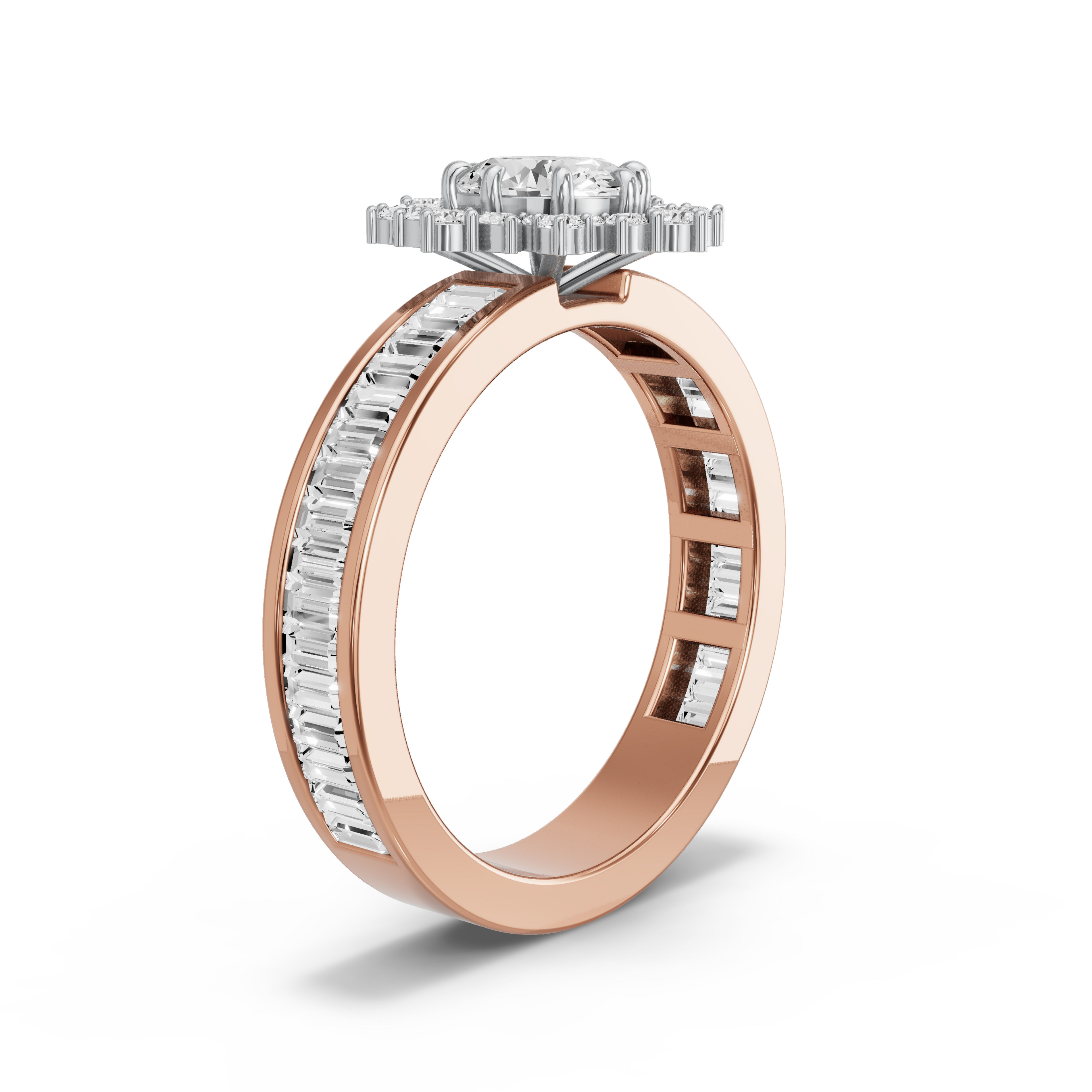 Image for Oval Fancy Halo Ring with Baguette Channel band in 14K Two Tone Rose Gold