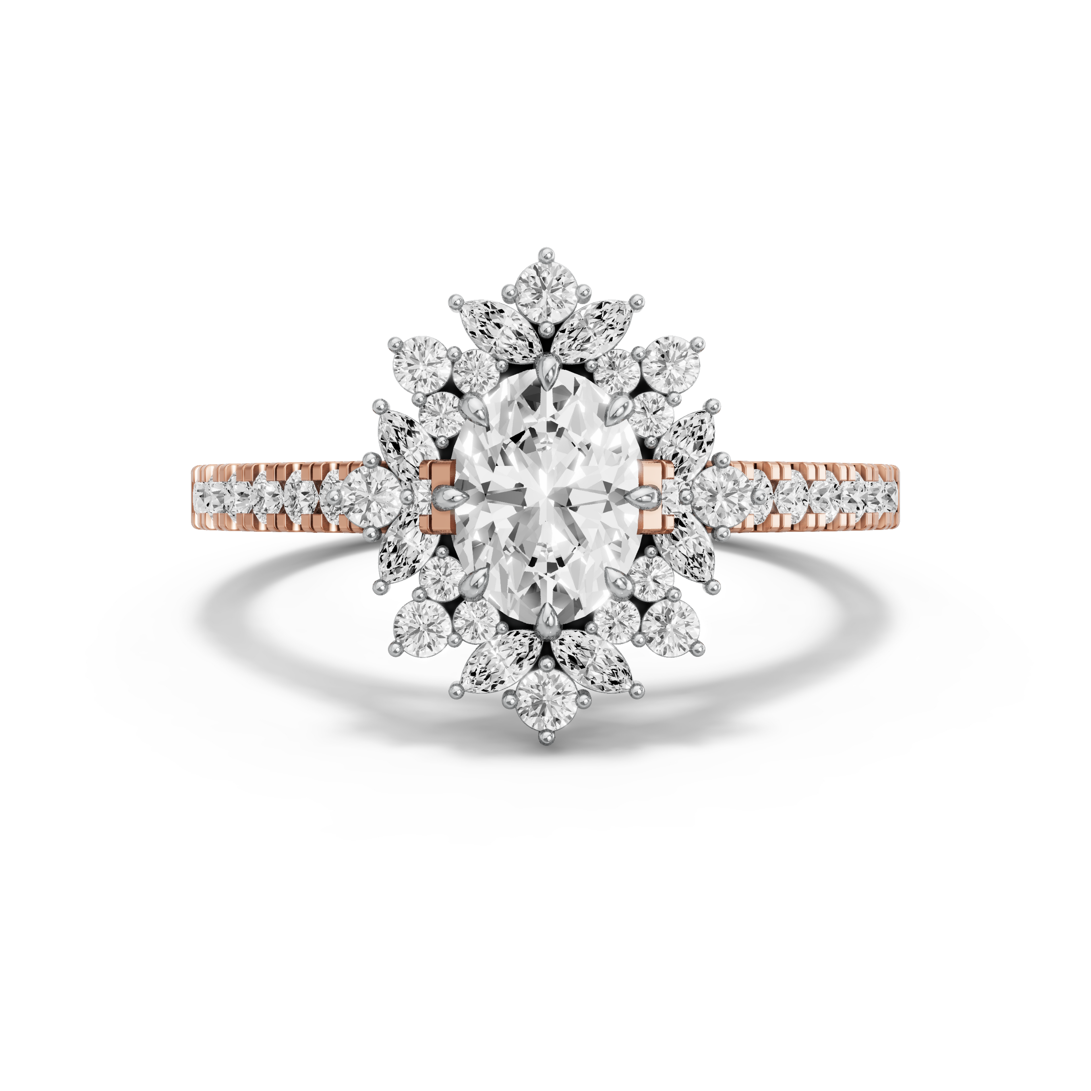 Image for Oval Fancy Halo Ring with Cathedral Pave band in 18K Two Tone Rose Gold