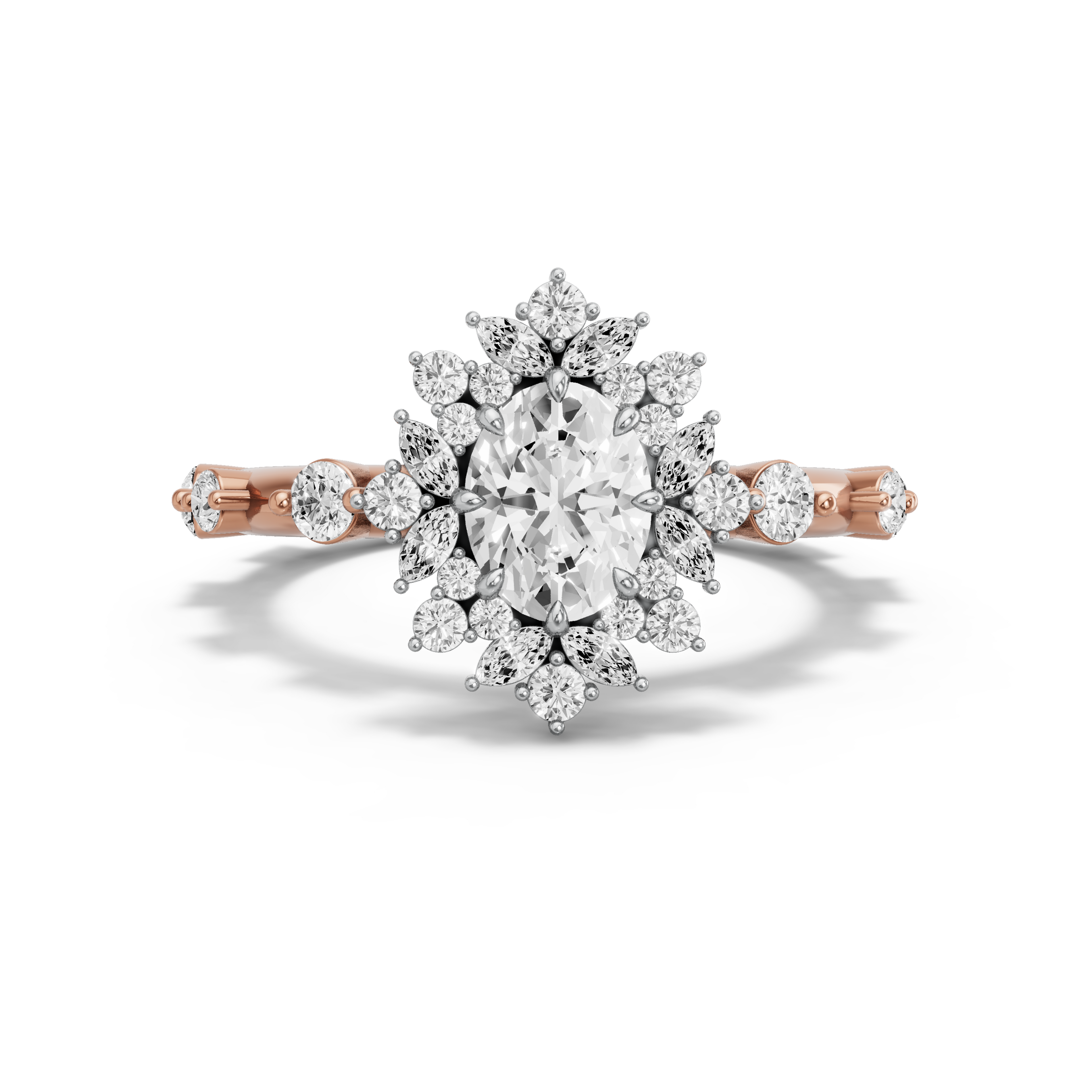 Image for Oval Fancy Halo Ring with Floating Station band in 18K Two Tone Rose Gold