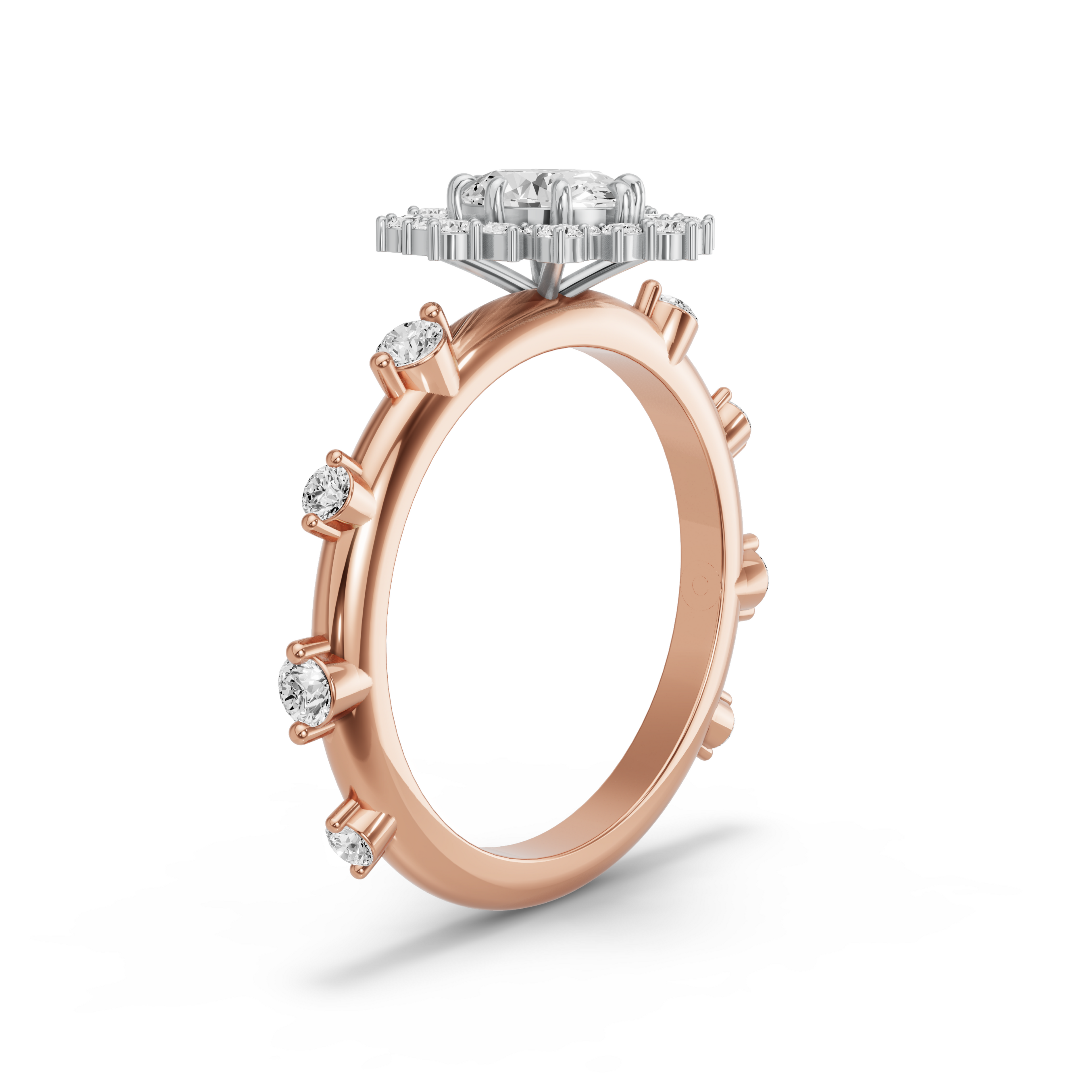 Image for Oval Fancy Halo Ring with Floating Station band in 18K Two Tone Rose Gold