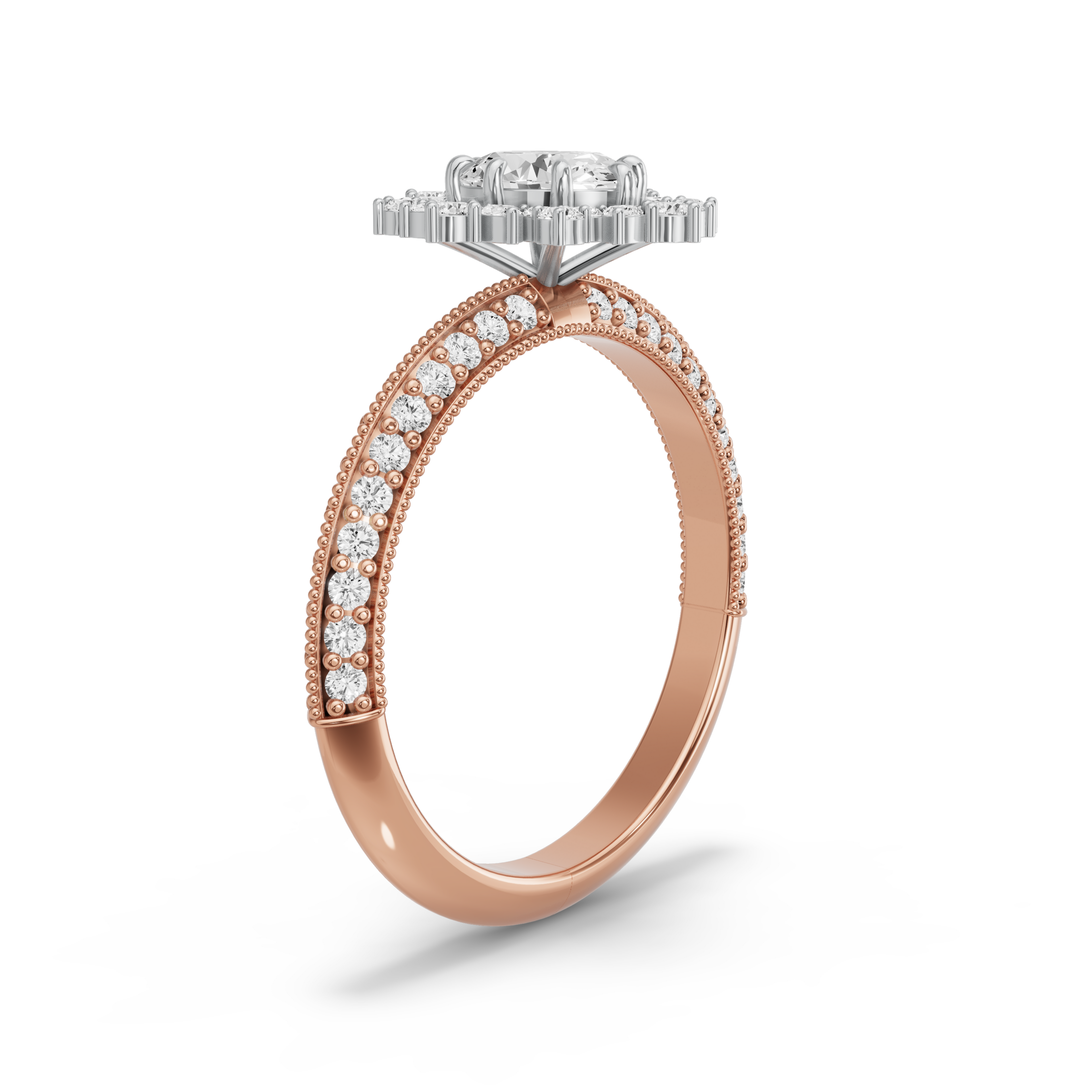 Image for Oval Fancy Halo Ring with Knife Edge Pave band in 14K Two Tone Rose Gold