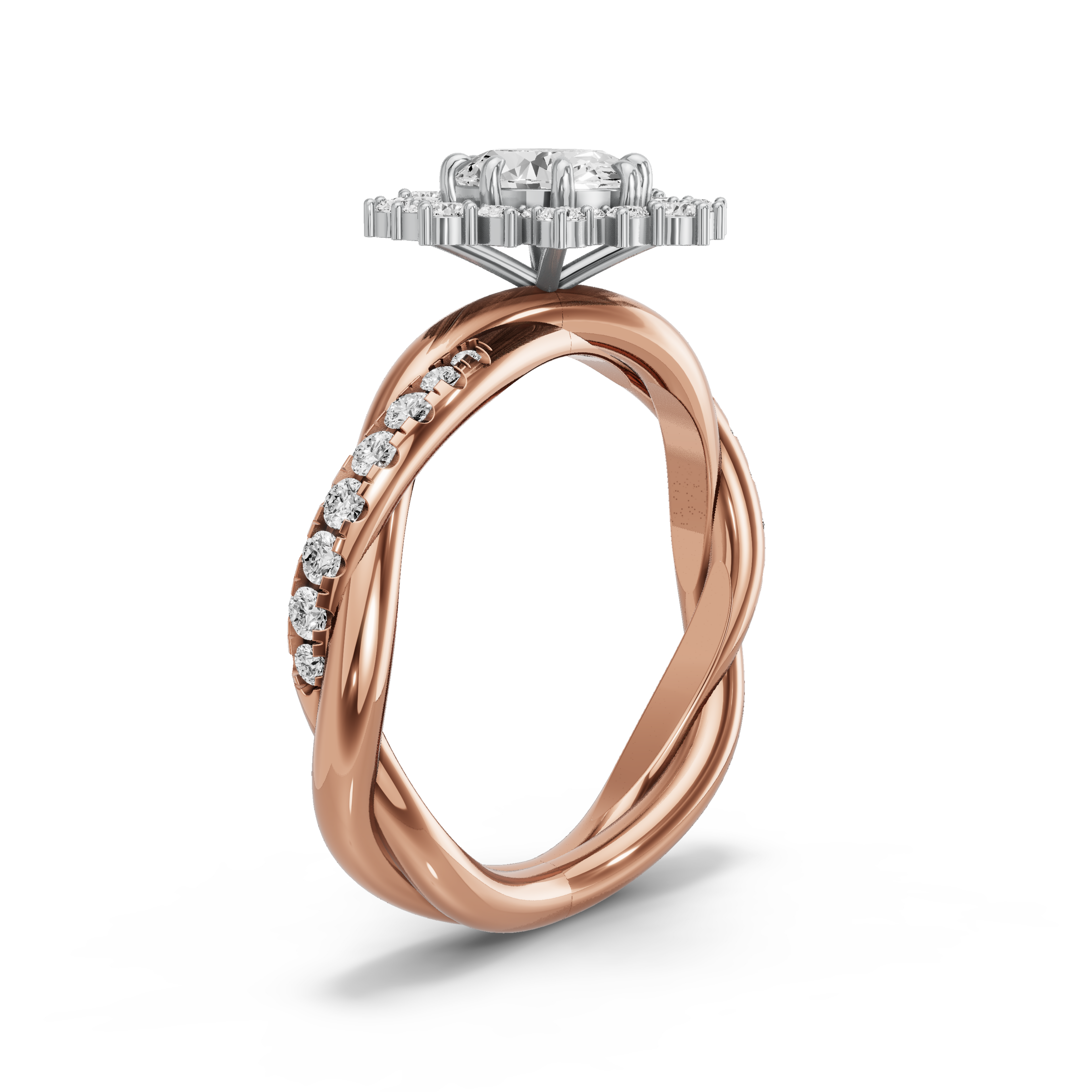 Image for Oval Fancy Halo Ring with Rope Pave band in 18K Two Tone Rose Gold