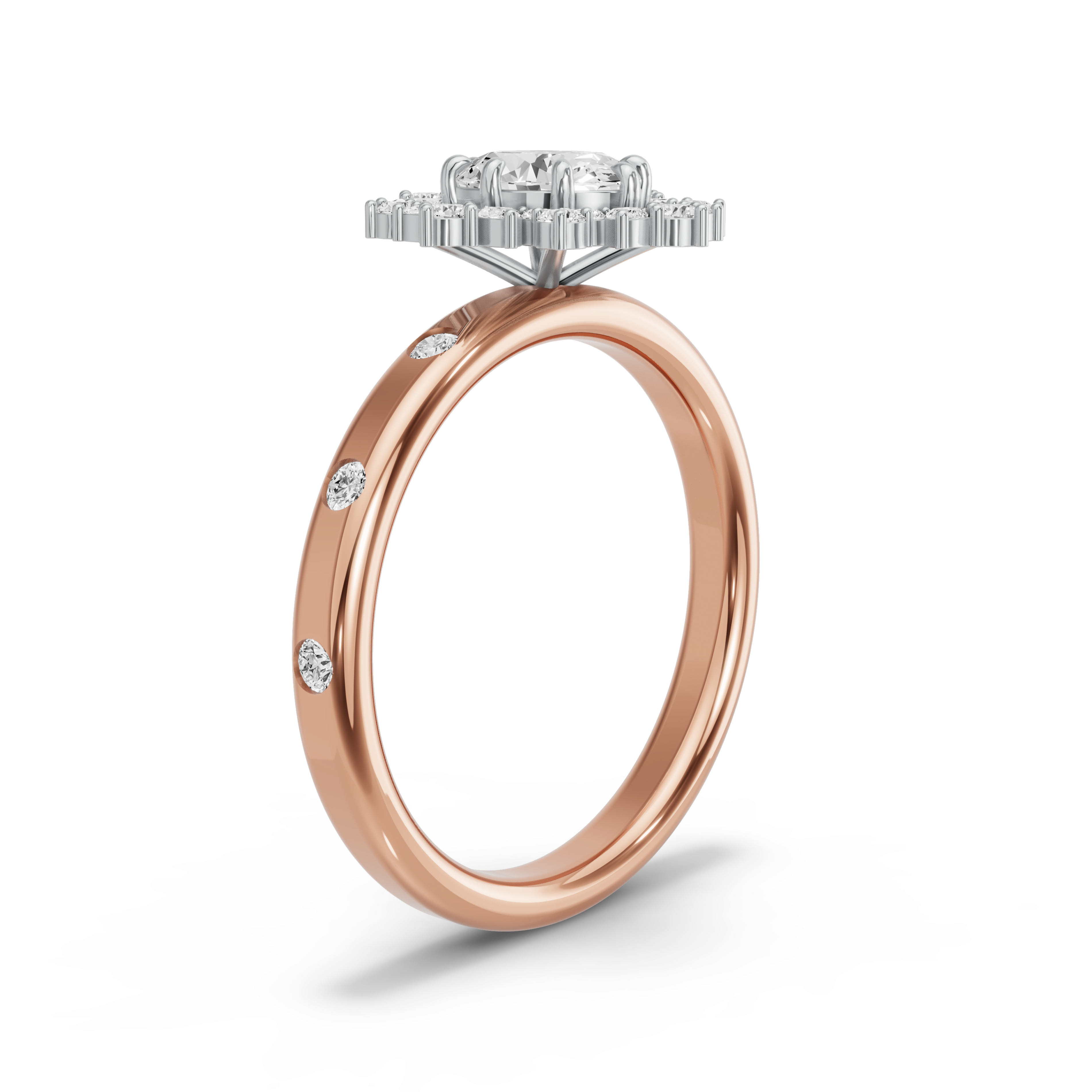 Image for Oval Fancy Halo Ring with Sleek Accent band in 10K Two Tone Rose Gold