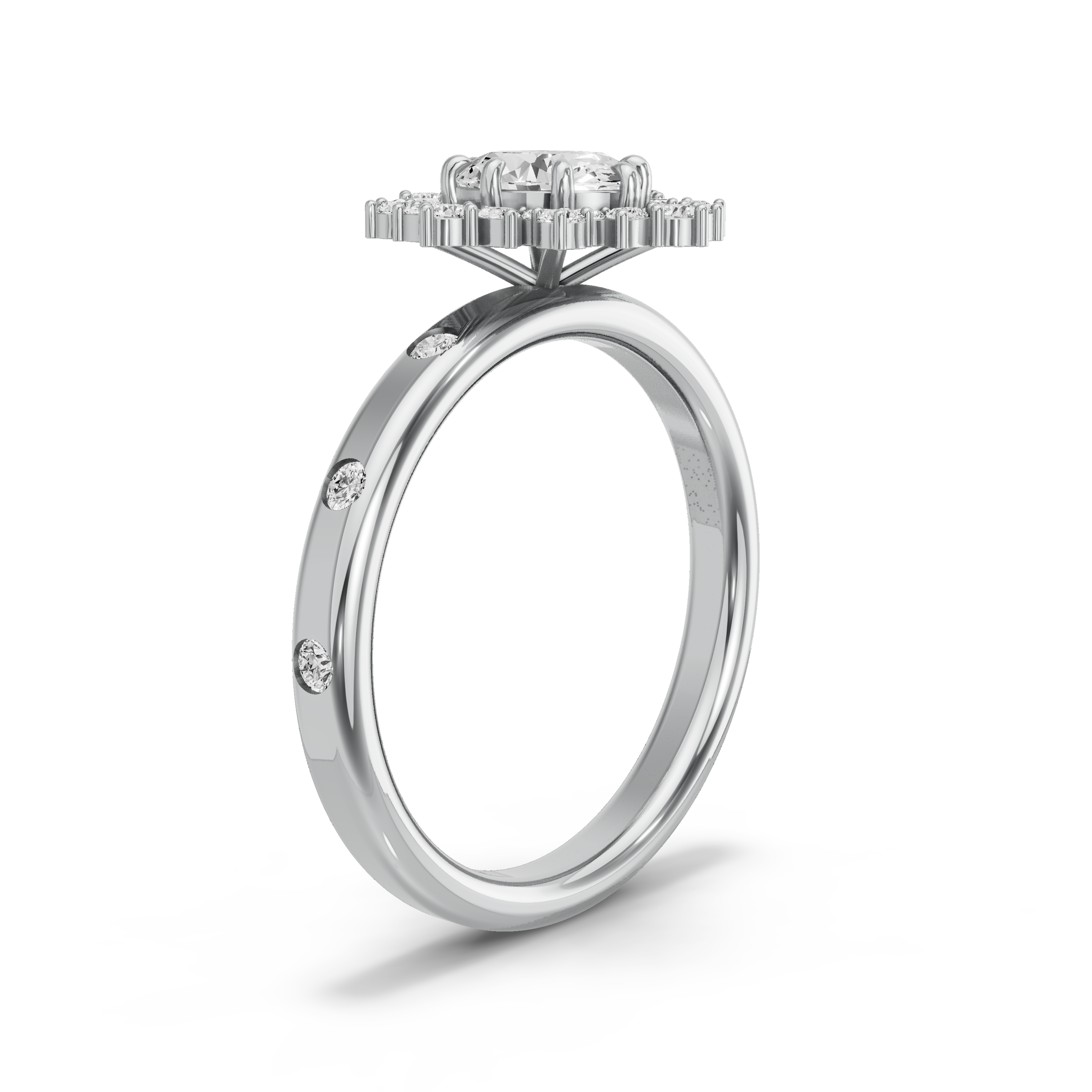 Image for Oval Fancy Halo Ring with Sleek Accent band in 14K White Gold
