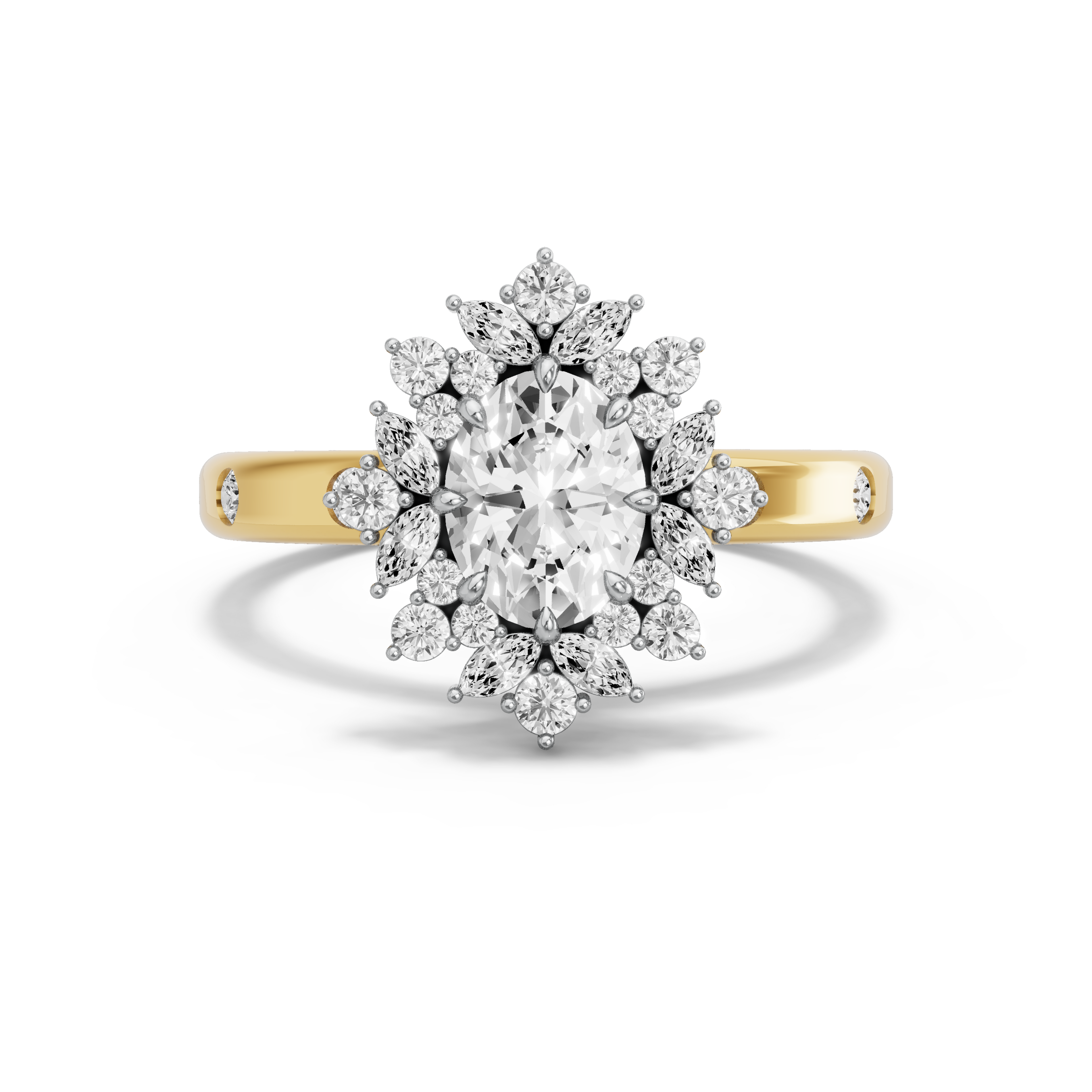 Image for Oval Fancy Halo Ring with Sleek Accent band in 18K Two Tone Yellow Gold