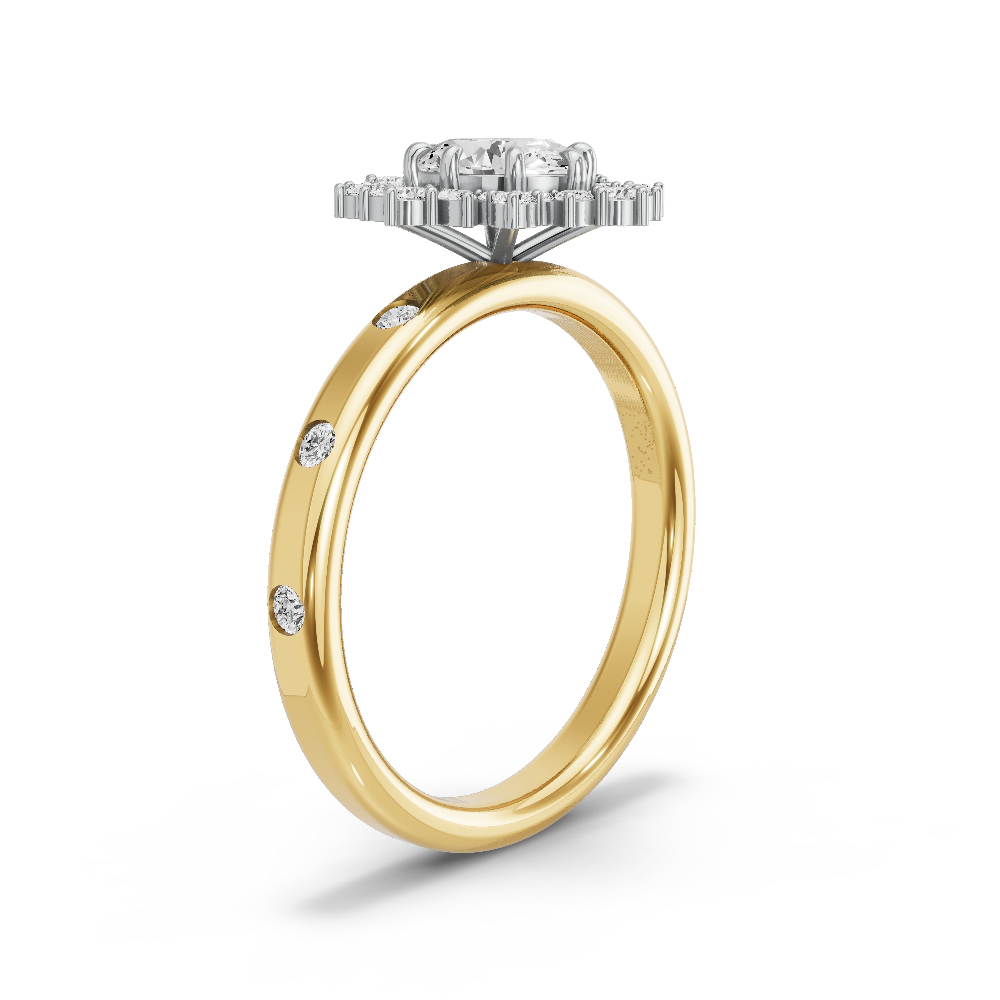 Image for Oval Fancy Halo Ring with Sleek Accent band in 18K Two Tone Yellow Gold