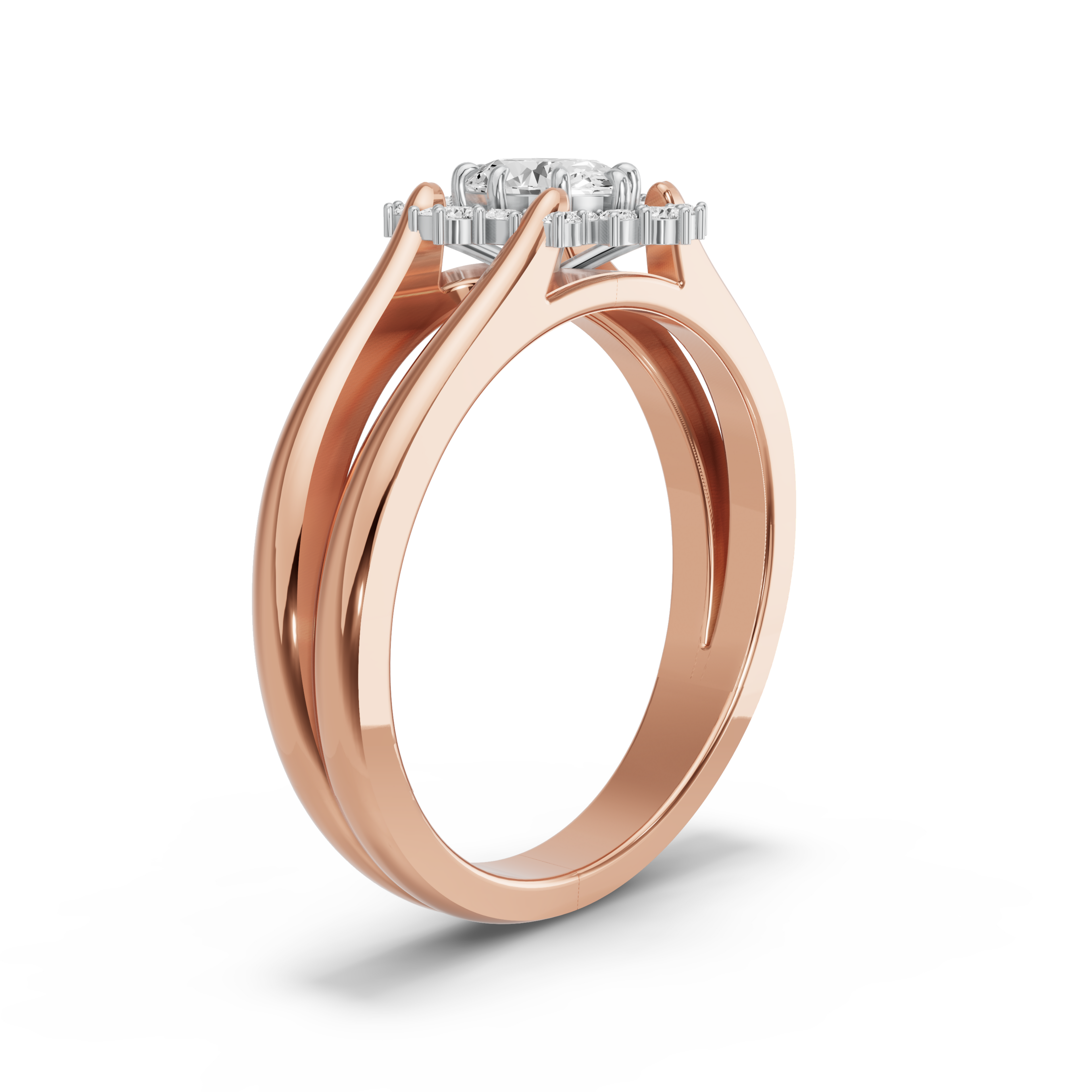 Image for Oval Fancy Halo Ring with Split Ring Solitaire band in 10K Two Tone Rose Gold