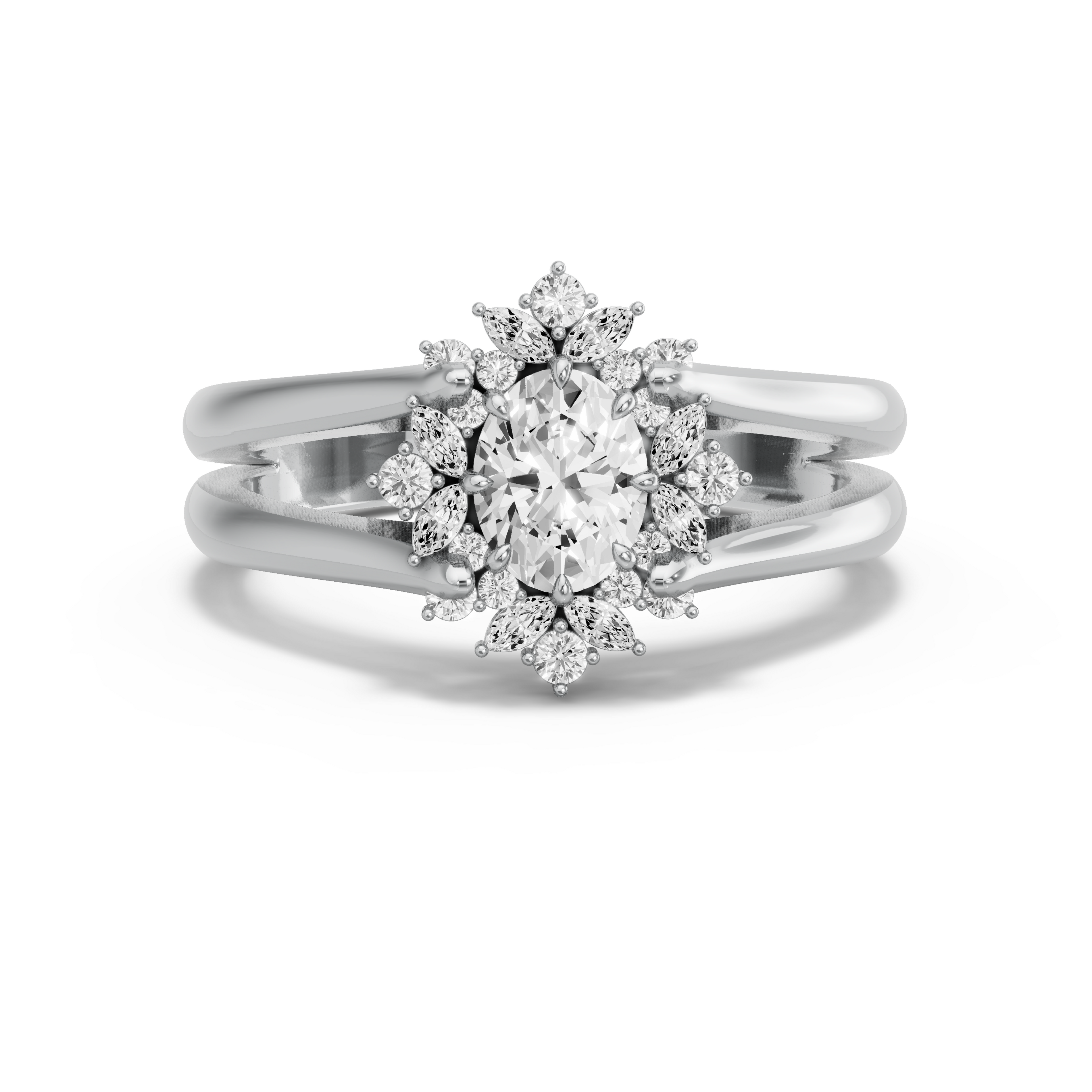 Image for Oval Fancy Halo Ring with Split Ring Solitaire band in 18K White Gold