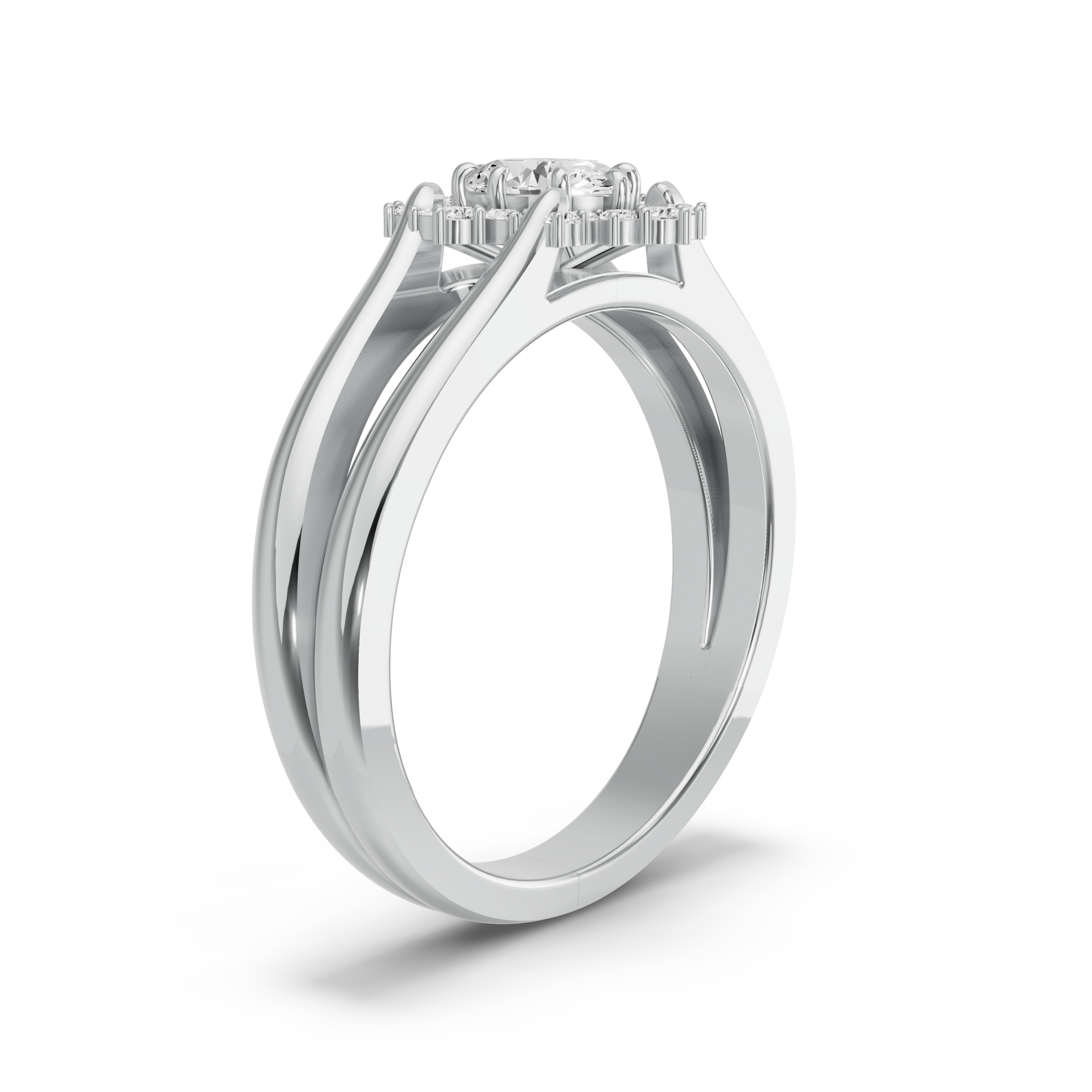 Image for Oval Fancy Halo Ring with Split Ring Solitaire band in 14K White Gold