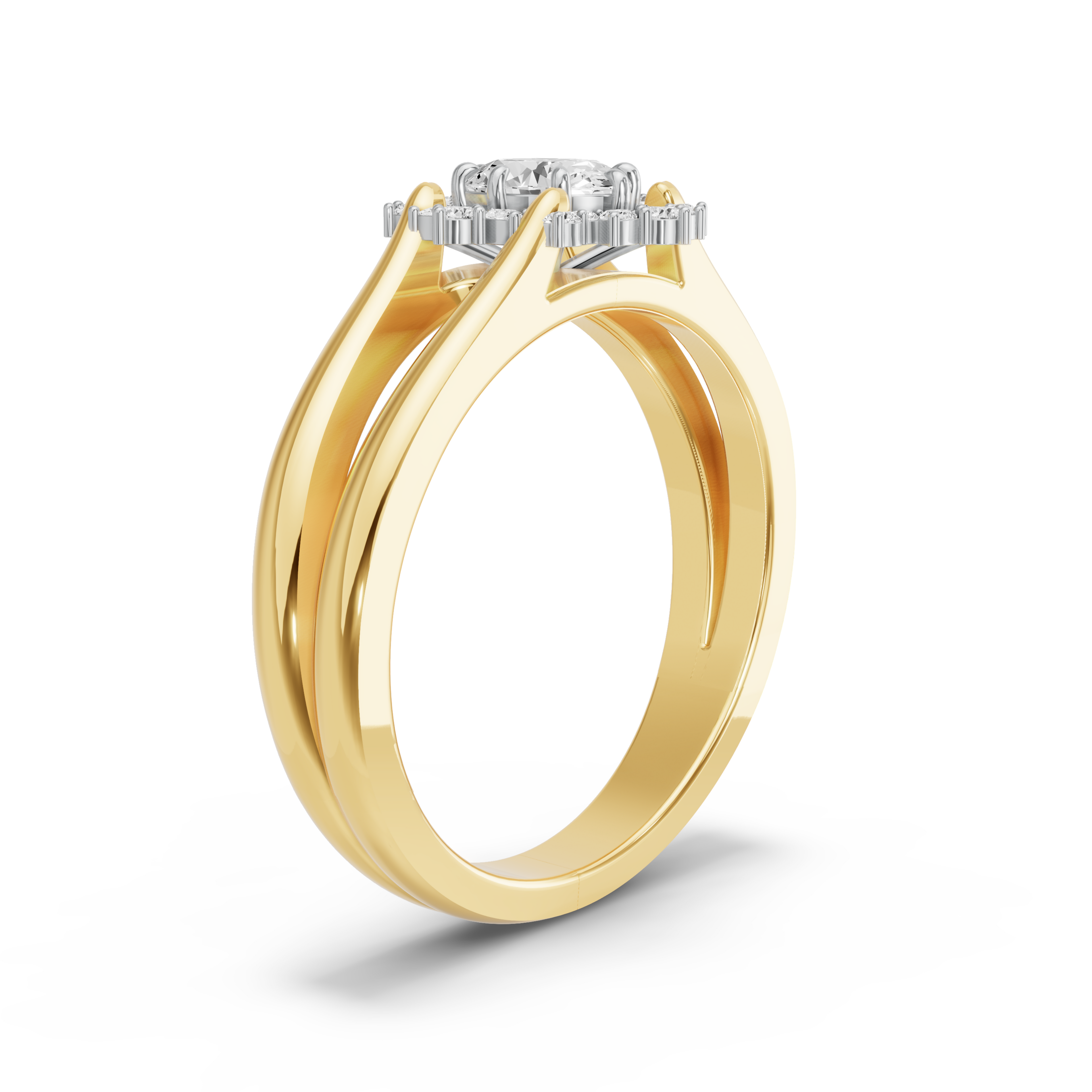 Image for Oval Fancy Halo Ring with Split Ring Solitaire band in 14K Two Tone Yellow Gold
