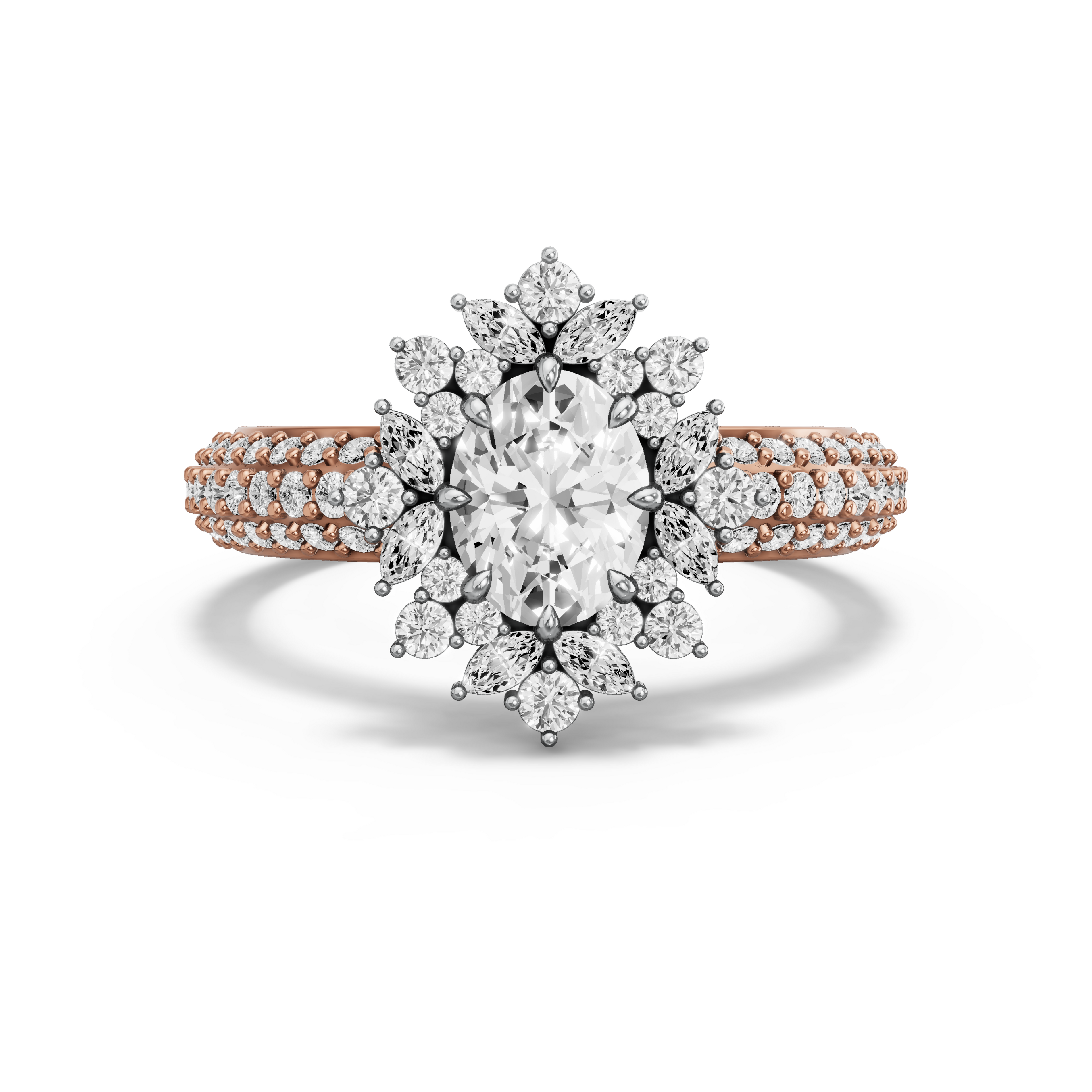 Image for Oval Fancy Halo Ring with Triple Row Pave band in 10K Two Tone Rose Gold