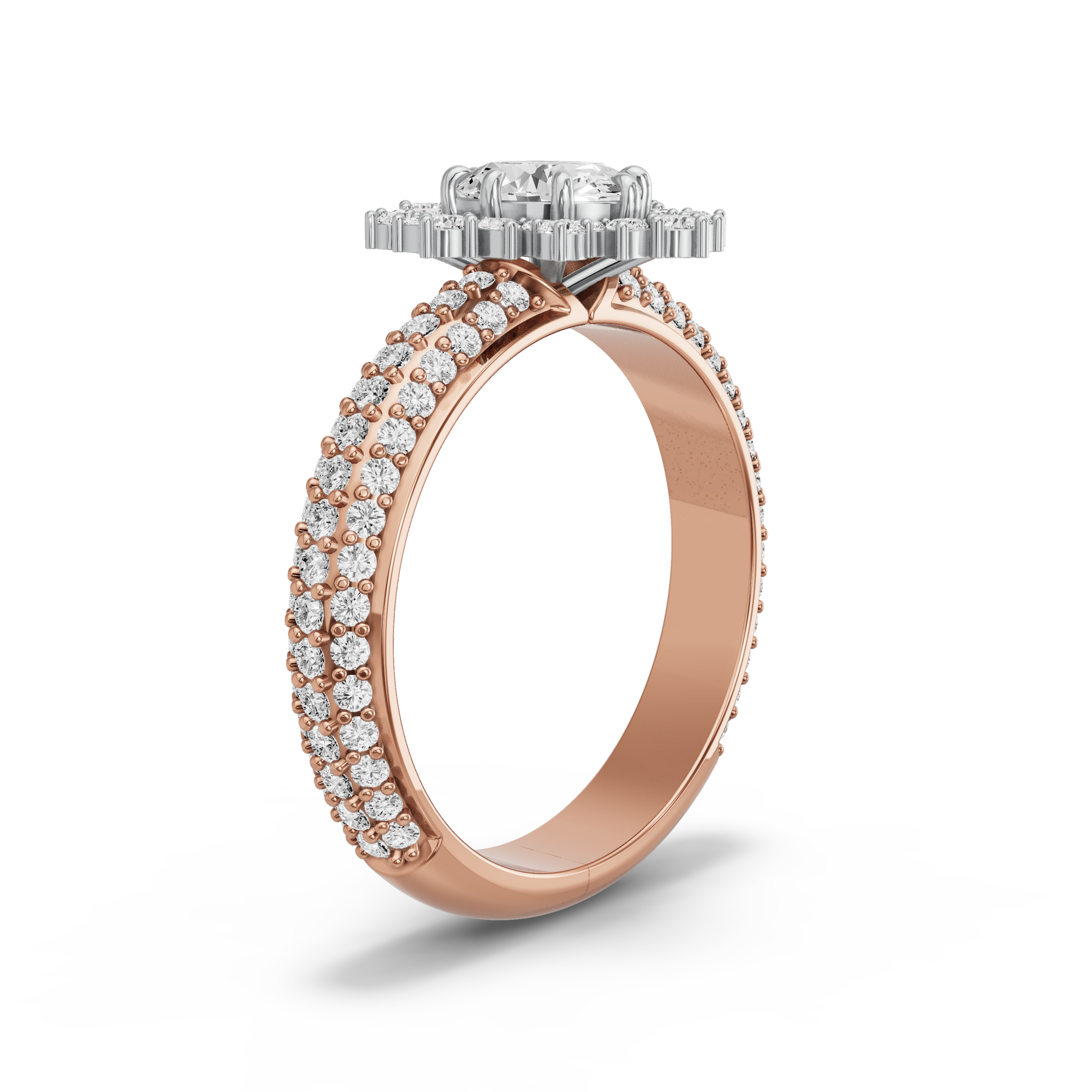 Image for Oval Fancy Halo Ring with Triple Row Pave band in 10K Two Tone Rose Gold