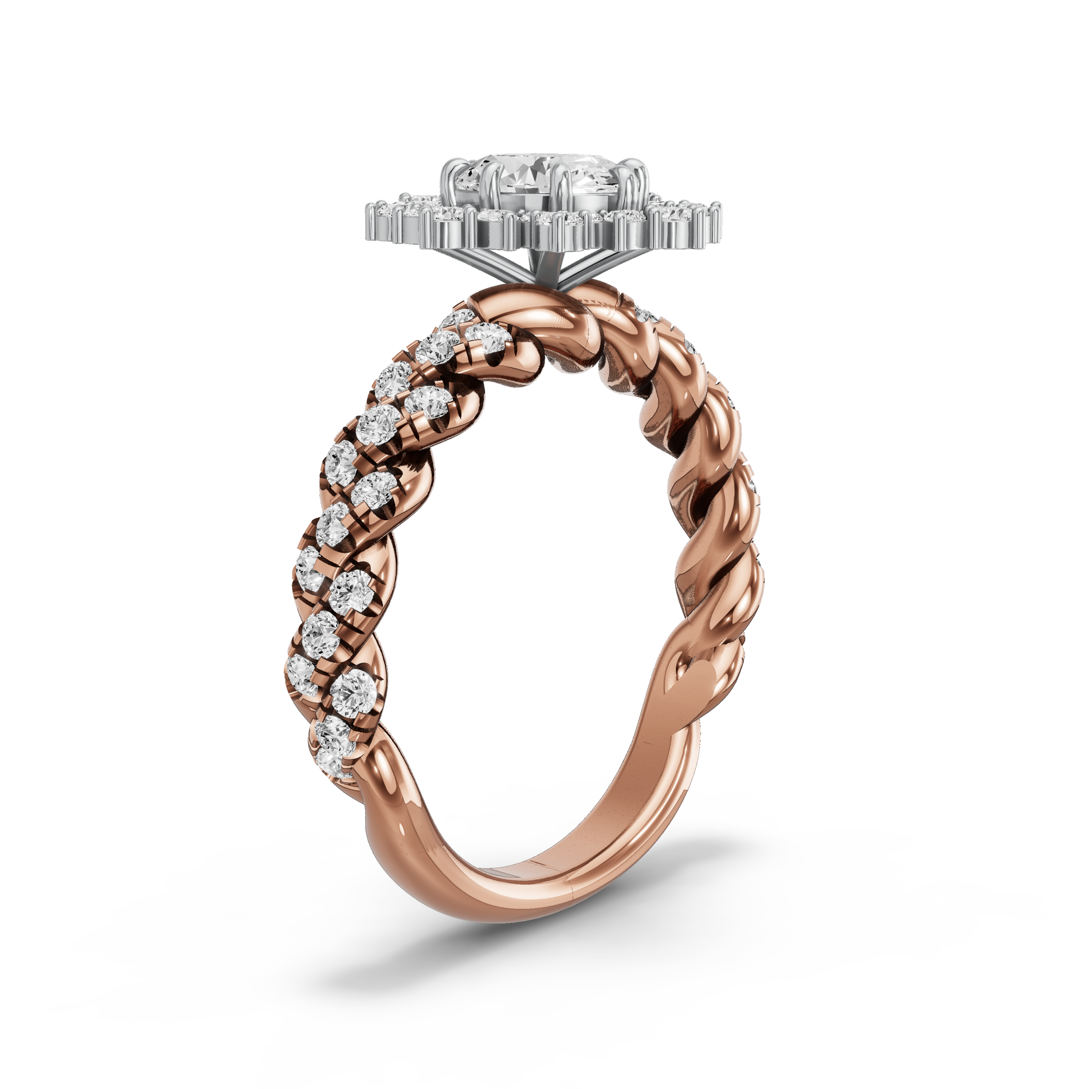 Image for Oval Fancy Halo Ring with Twist Pave band in 18K Two Tone Rose Gold