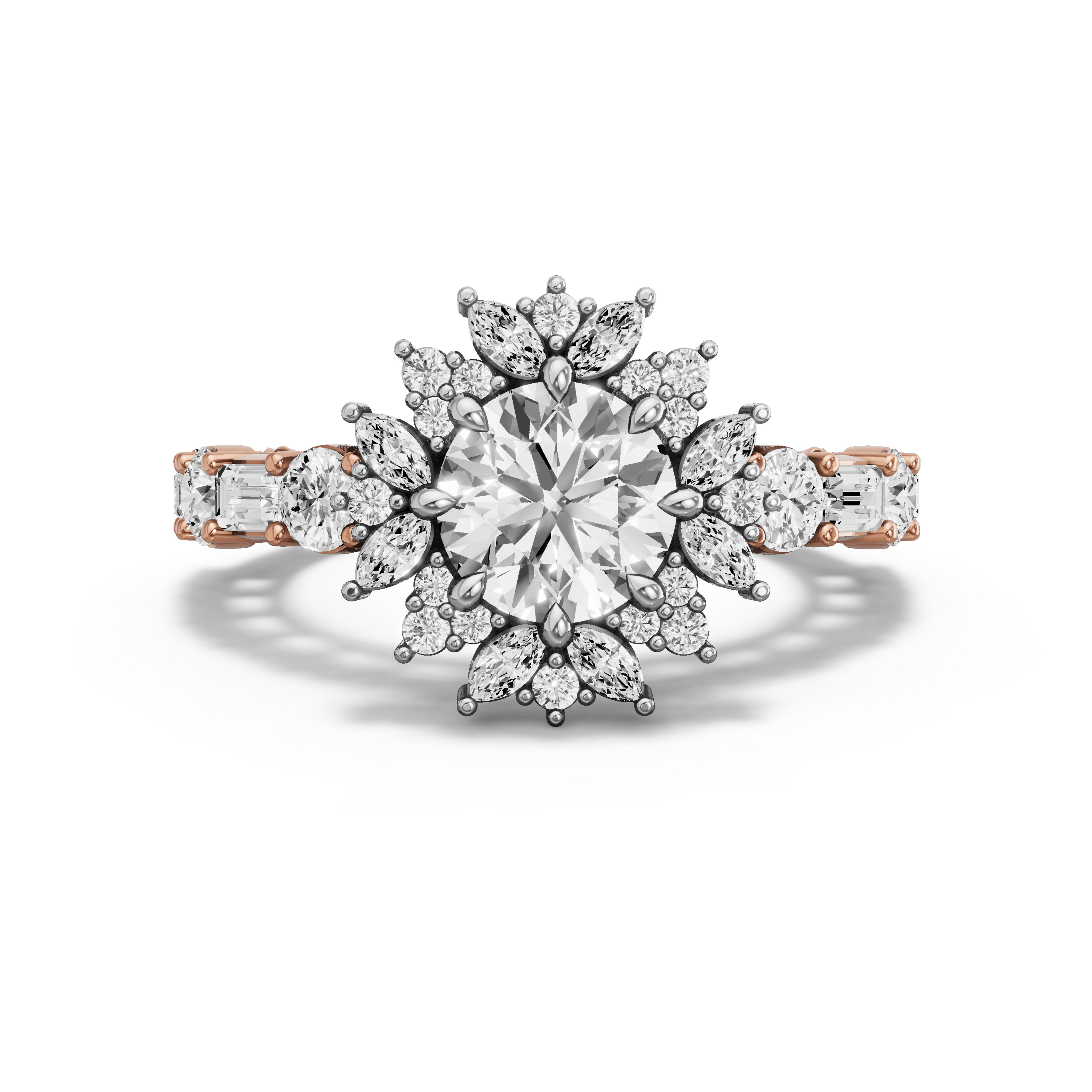 Image for Round Fancy Halo Ring with Alternating Baguette band in 10K Two Tone Rose Gold